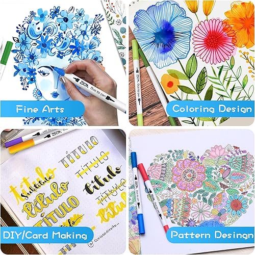 Miniatura 5 de ZSCM - Juego de 100 rotuladores de punta doble para artista, bolígrafos de colores con punta fina y punta de pincel, para adultos, libros