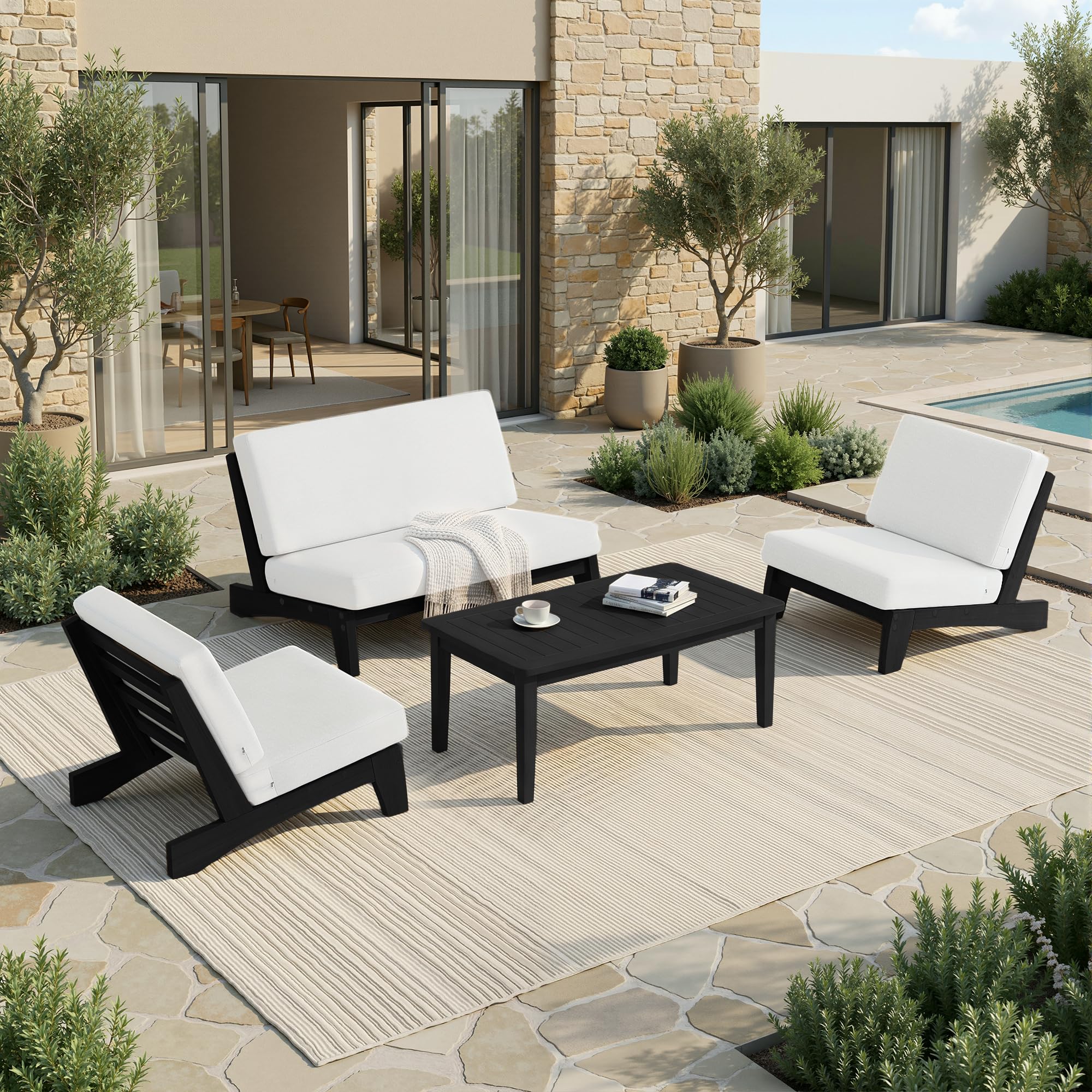 Pia Ricoo 4 Piece Patio Furniture Sets, Outdoor Furniture with 2 Chairs &amp; Coffee Table, Patio Conversation Set for Backyard, Deck, Lawn, Beige, Dark Wood