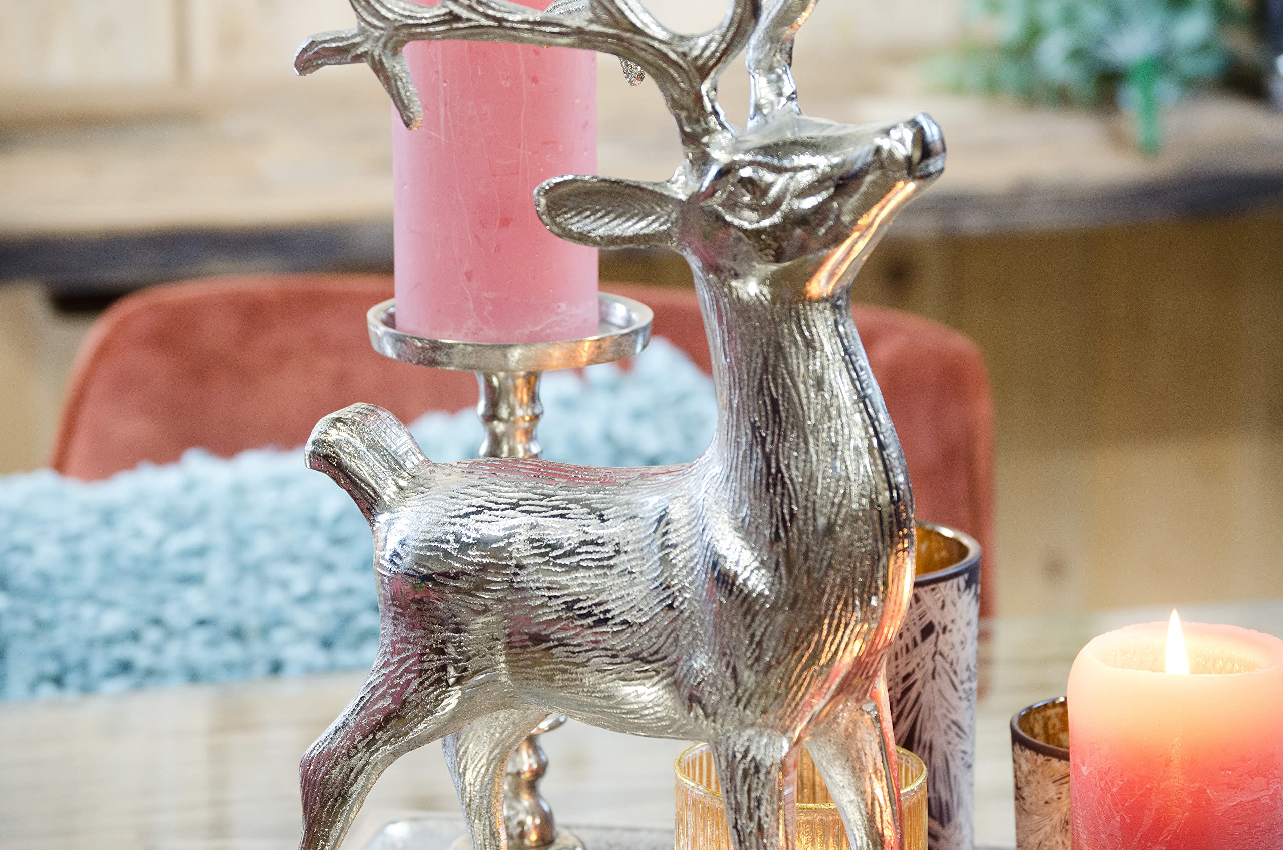 MichaelNoll Hirsch Dekoration - Stehend - Rentier Aluminium Metall Silber - Figur Statue Dekofigur - Deko für Wohnzimmer, Küche, Schlafzimmer - Weihnachten Winter - Hirschgeweih Dekoration XL 38 cm