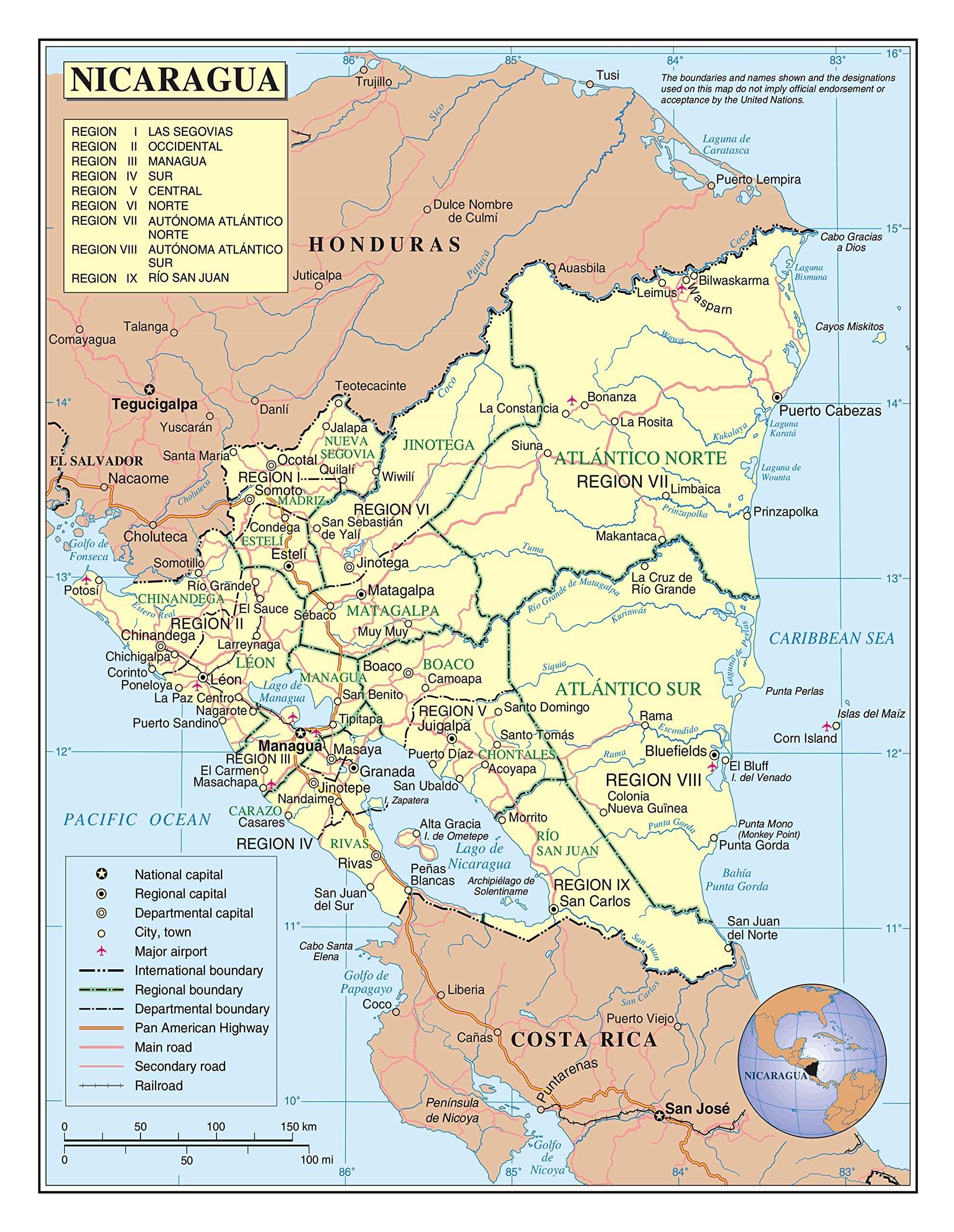 Palmetto Posters 24x31 Laminated Poster: Large detailed political and administrative map of nicaragua with roads railroads cities and airports