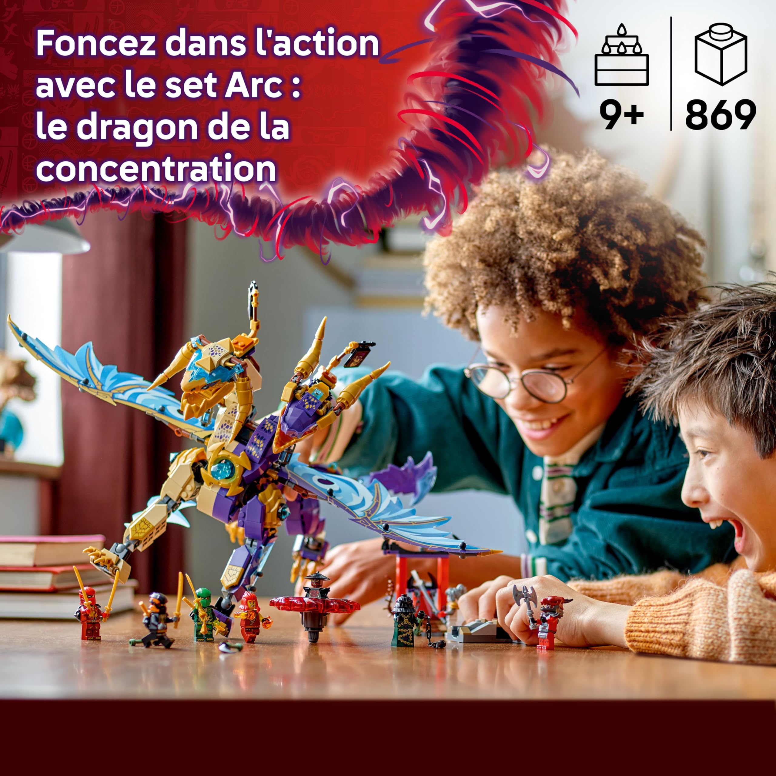 LEGO NINJAGO Arc : le dragon de la concentration - Jeu de construction interactif pour garçons, filles dès 9 ans - Toupie Spinjitzu, 8 minifigurines - Cadeau pour fans du Soulèvement des Dragons 71836