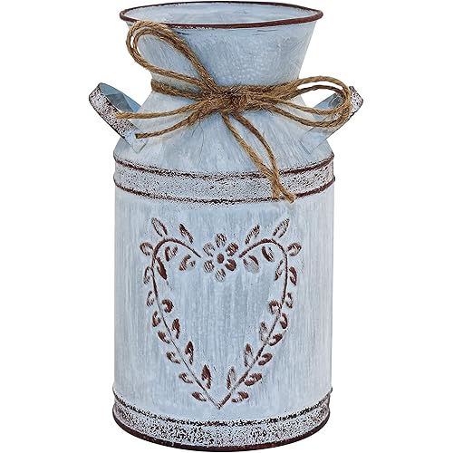 TTdayup Rustic Shabby Chic Vase for Flower - Galvanized Finish Milk Can with Handle,Vintage Farmhouse Vase for Centerpieces,Rustic Metal Flower Vase with Heart-Shaped and Rope Design-7.7" (Light Grey)