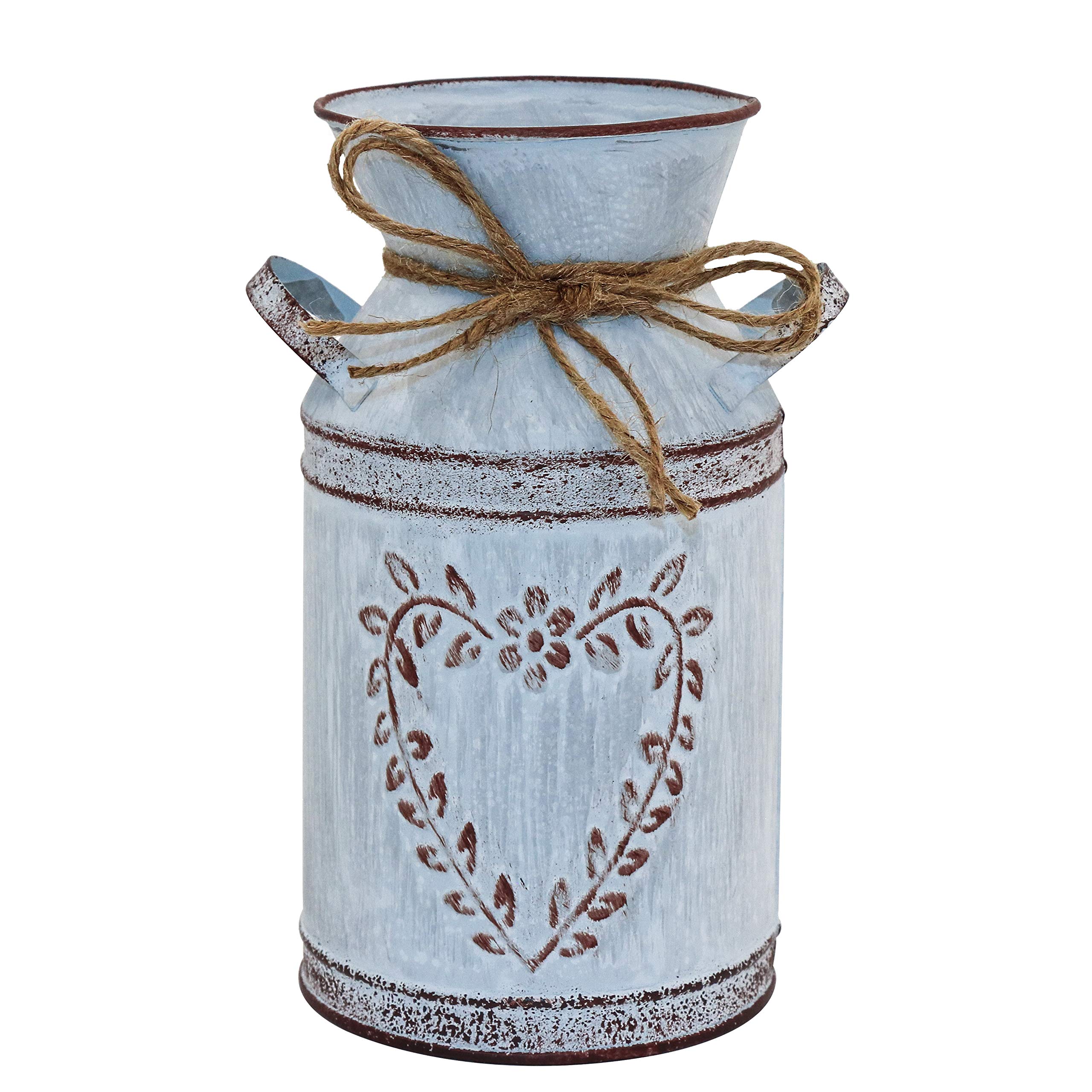 TTdayup Jarrón rústico Shabby Chic para Flor - Lata Leche con Acabado galvanizado con asa,Jarrón de Granja Vintage para centros de Mesa, Florero Metal Forma corazón y diseño Cuerda, 7.7 "(Gris Claro)