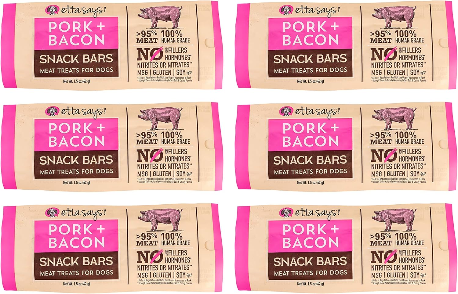 etta says! Pork + Bacon Snack Bars - Premium All Natural Meat Treats for Dogs - Human Grade - Made in The USA (6 Count Pack of 1)
