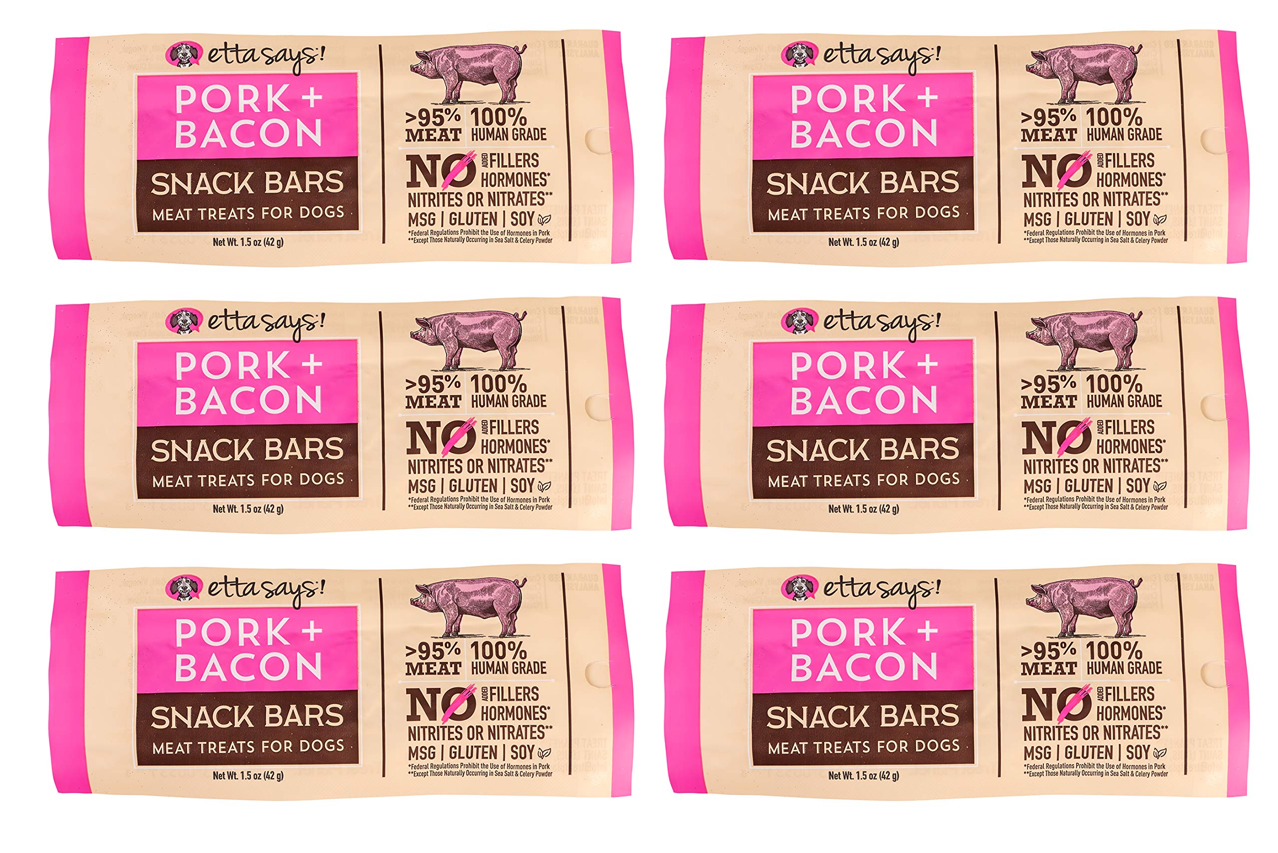 etta says! Pork + Bacon Snack Bars - Premium All Natural Meat Treats for Dogs - Human Grade - Made in The USA (6 Count Pack of 1)