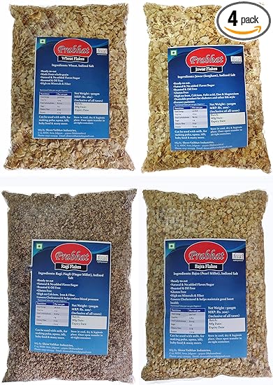 Prabhat Wheat Flakes, Jowar Flakes, Bajra Flakes, Ragi Flakes, 4 x 500 g