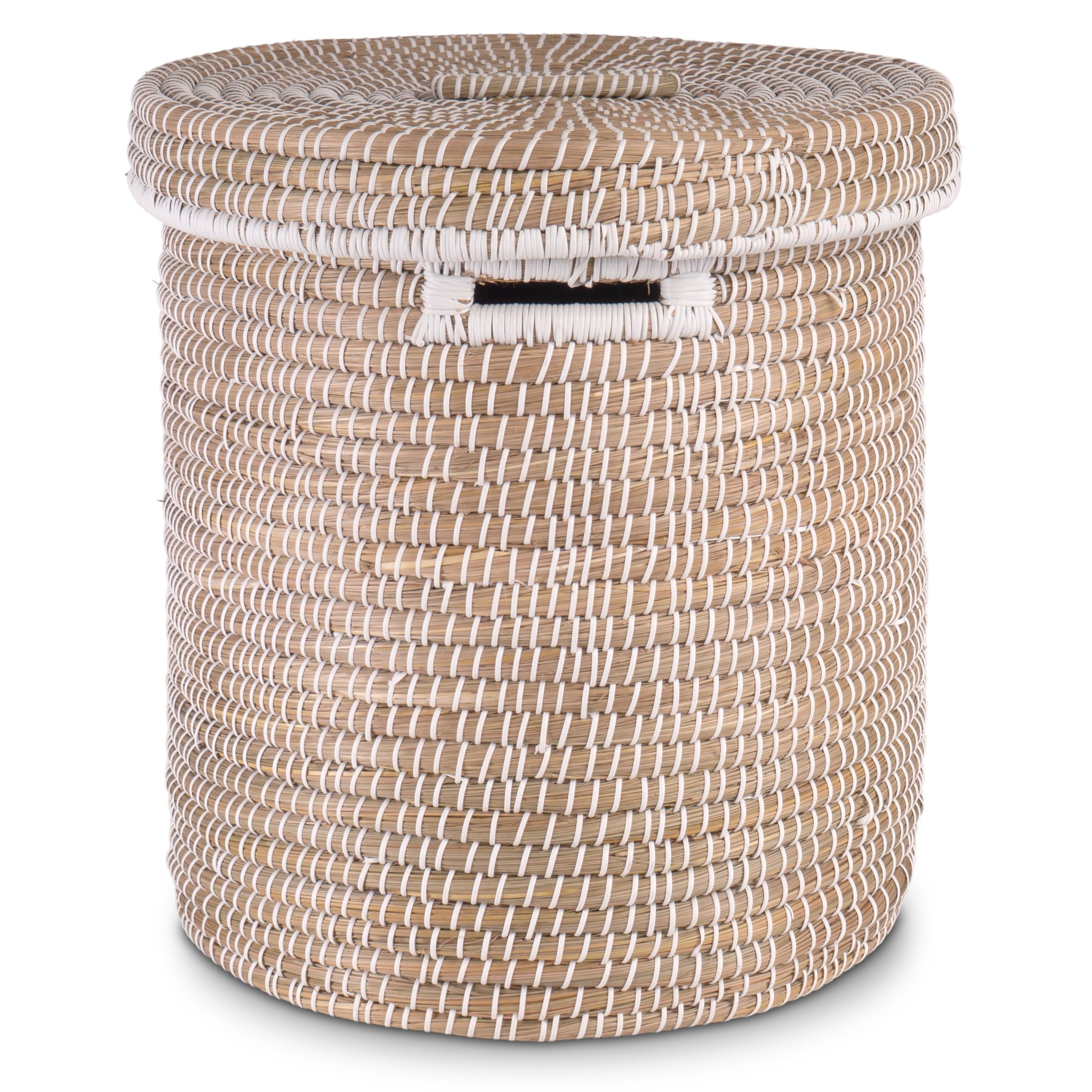 Decorasian Wäschekorb mit Deckel aus Seegras – Bast Wäschesammler geflochten, rund & groß – 3er Set oder Einzeln – Boho Korb für Wäsche, Spielzeug & Decken – Nachhaltig & Robust, 45cm x 48cm