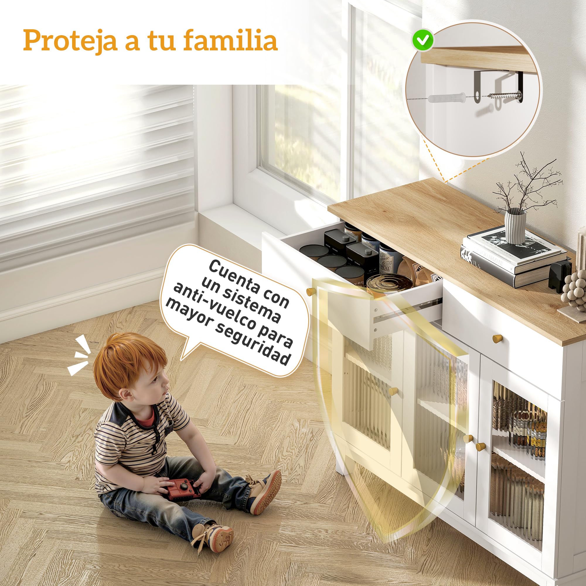 HOMCOM Aparador 3 Puertas Vidrio Estriado 2 Cajones 100x35x80,3 cm Blanco | Aparador para Salón Moderno, Estantes Ajustables, Comedor, Entrada