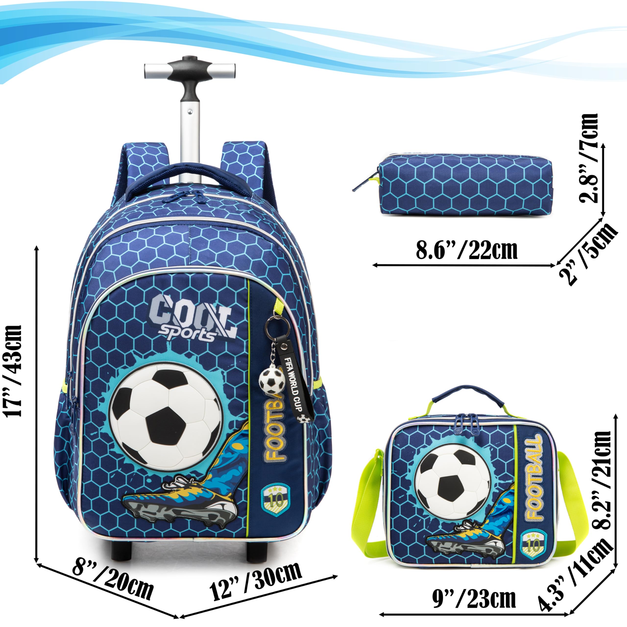 Egchescebo Kids Football Rolling Backpack for Boys Suitcases Trolley Backpacks with Wheels 17” 3pcs Roller Luggage Backpacks with Lunch Box Pencil Case for Elementary Boy Travel Soccer school Bag Blue