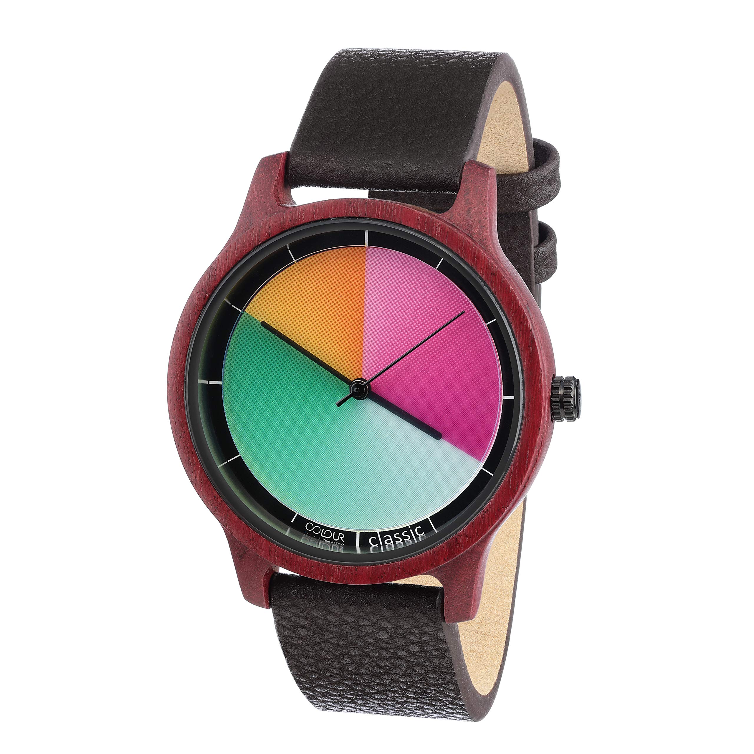 Rainbow Watch - Cool Wood Classic Orologio da polso unisex al quarzo, cinturino in vera pelle
