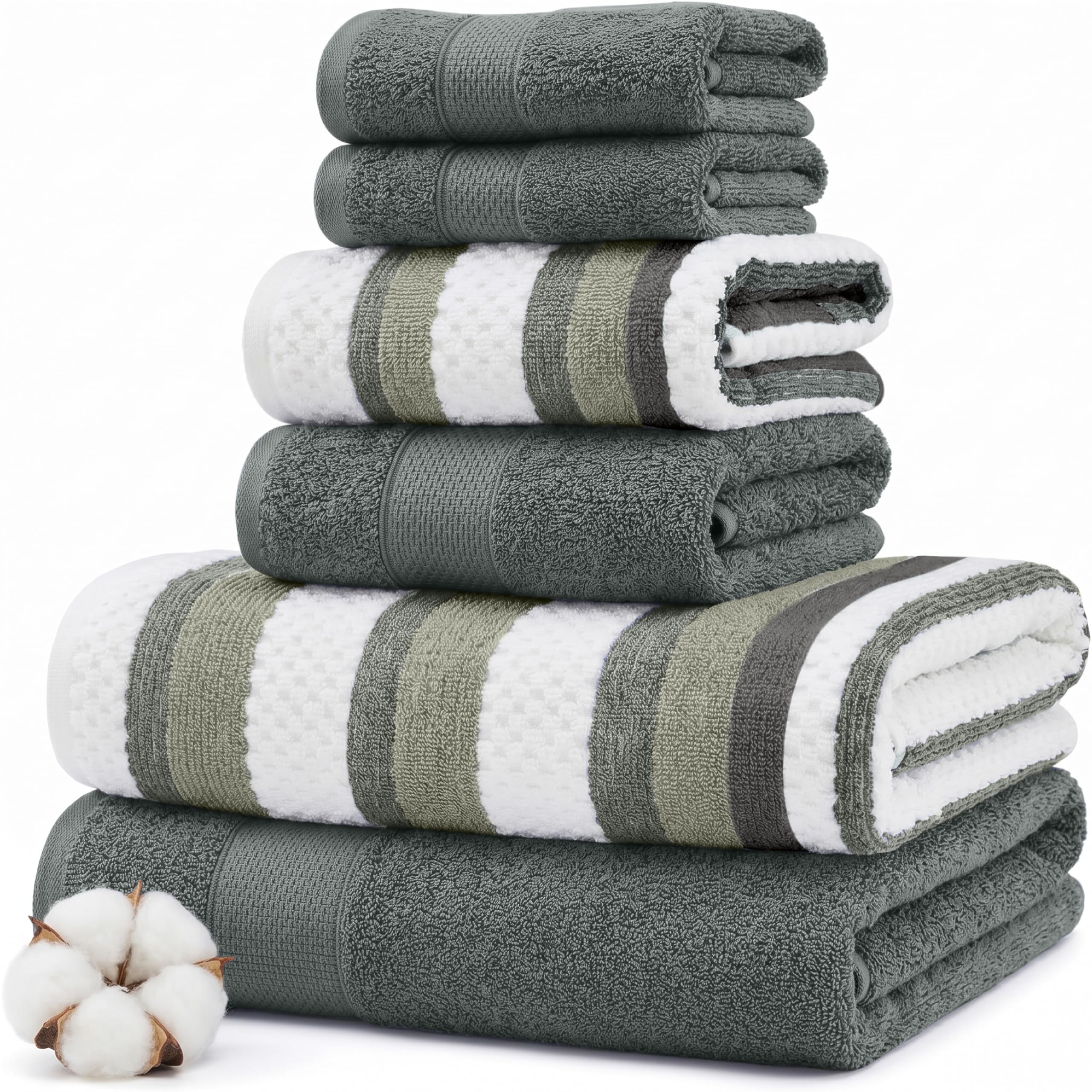 Modern Threads Pax 6-teiliges Wendegarn-gefärbtes Jacquard-Handtuch-Set – Badetücher, Handtücher und Waschlappen – super saugfähig und schnell trocknend – 100% gekämmte Baumwolle, Efeu