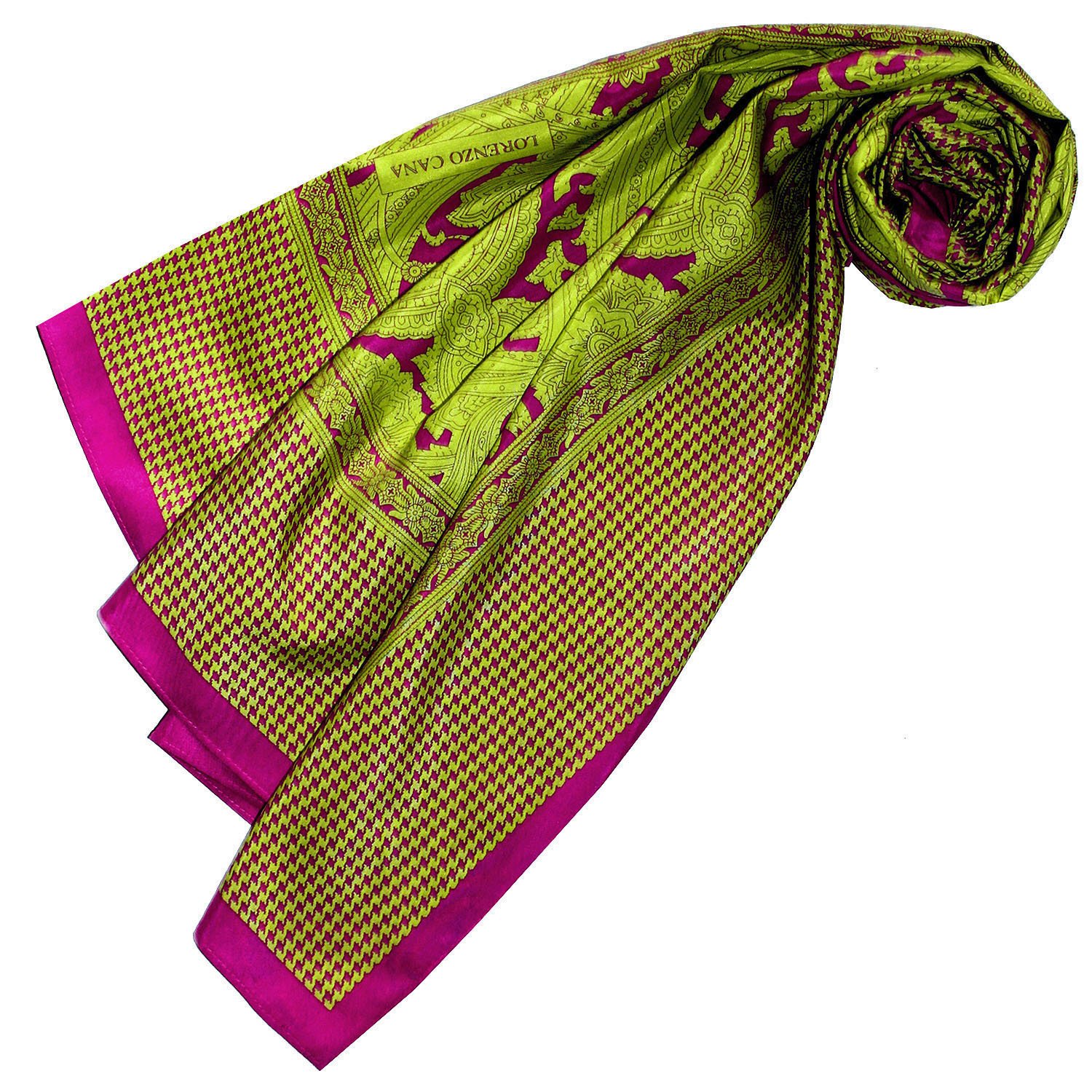 LORENZO CANA Foulard de 65% coton et 35% soie pour la femme – écharpe de fibres naturelles, carré avec des mesures de 110 x 110 cm et un motif vichy - imprimé attrayant en vert clair rose framboise