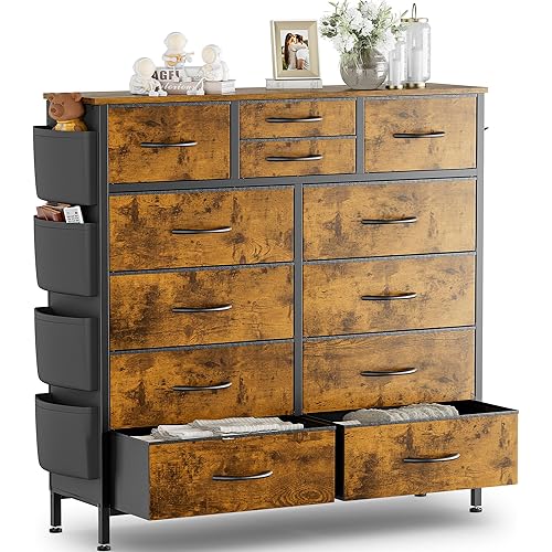 12 Drawer Dresser for Bedroom Tall Dresser with Side Pockets and Hooks, Fabric Storage Dressers, Metal Frame, Wood Top, Chests of Drawers for Closet, Hallway, Living Room, Entryway, Rustic
