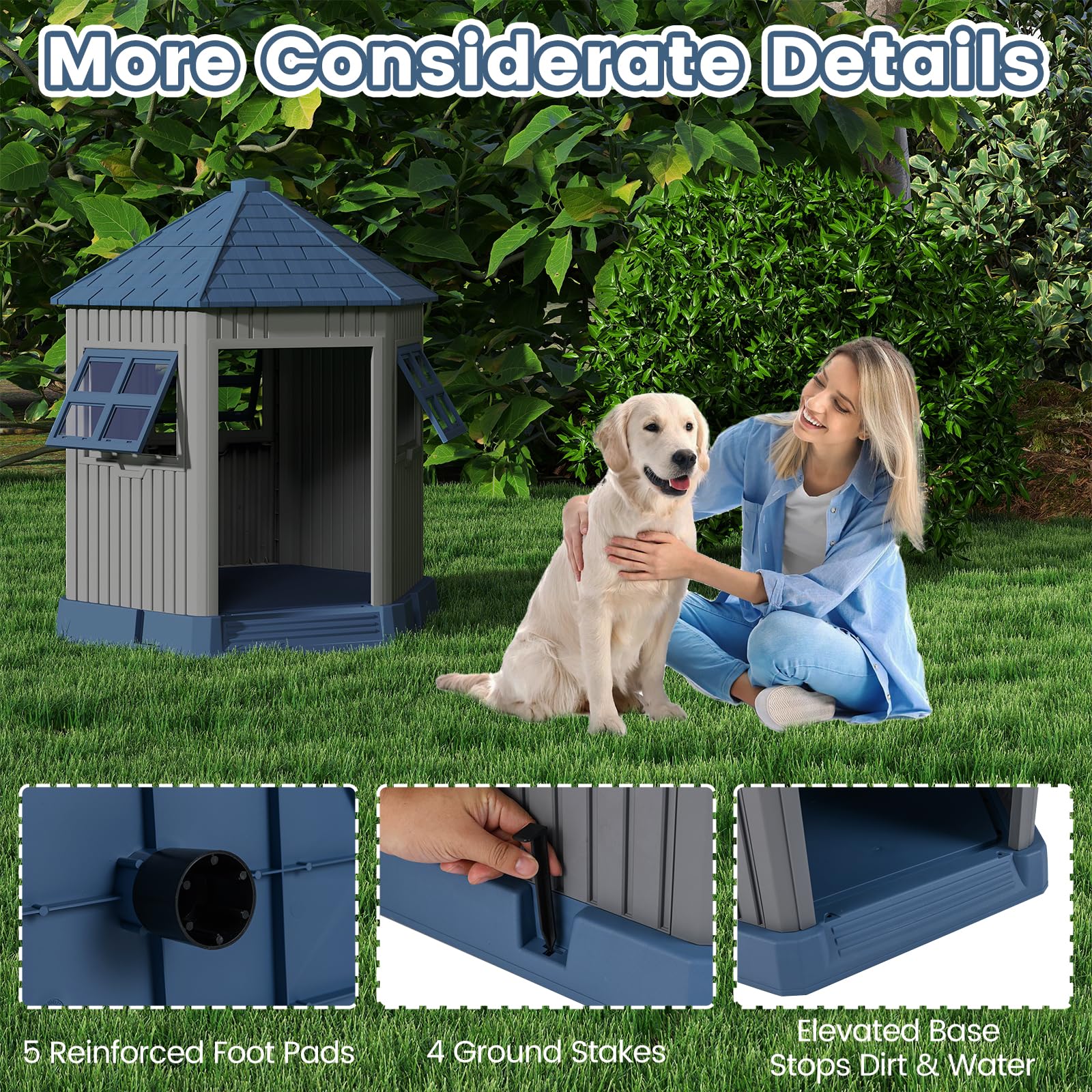 FANTASK Hundehütte Outdoor, Hundehaus Winterfest mit großer Tür & 2 Fenstern aus PP, scheunenförmig, Outdoor Hundehütte für mittelgroße bis große Hunde & Katzen, Grau