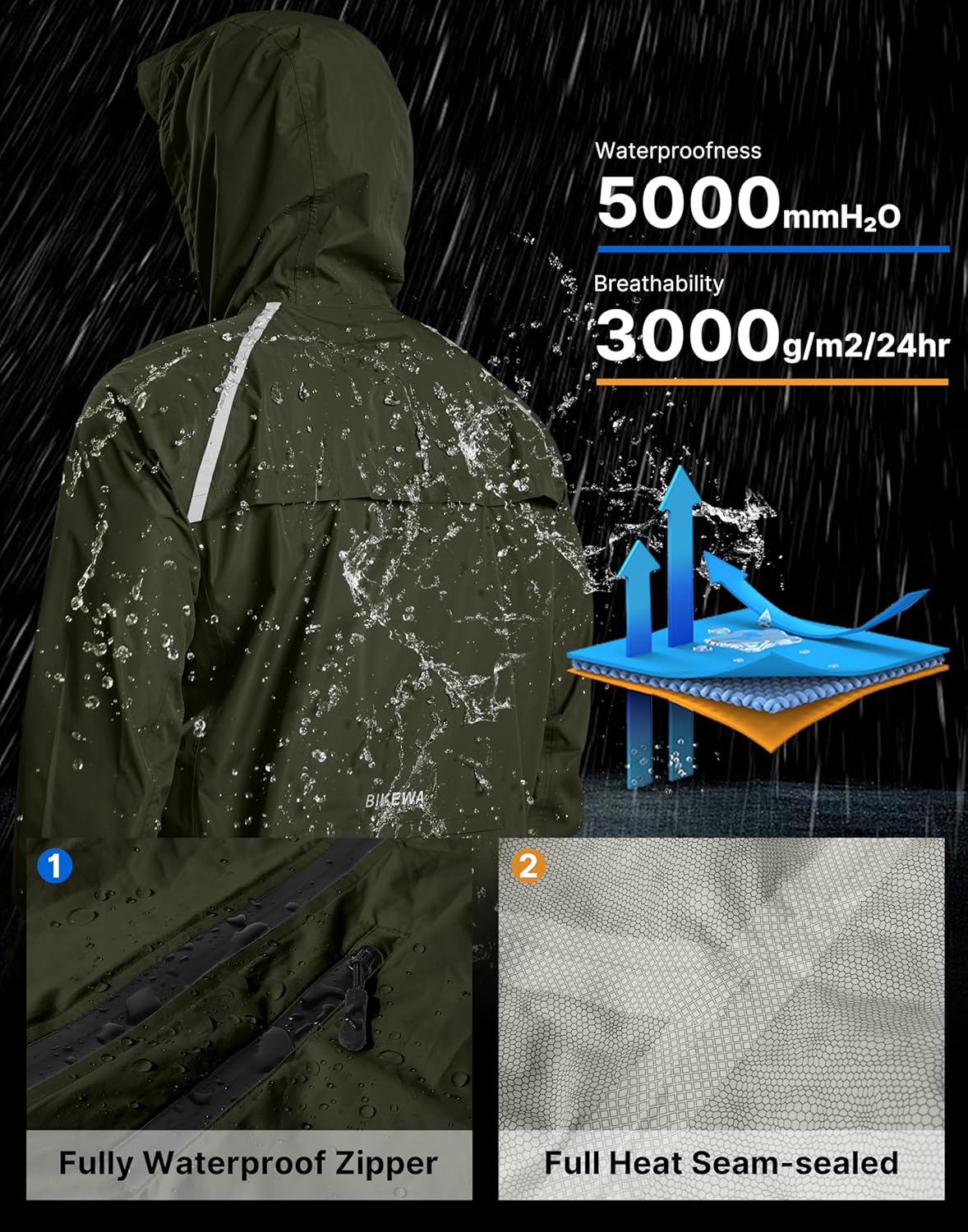 Bikewa Men's Cycling Rain Jackets Waterproof Running Bike Windbreaker Lightweight Packable Hooded Jacket - Image 3