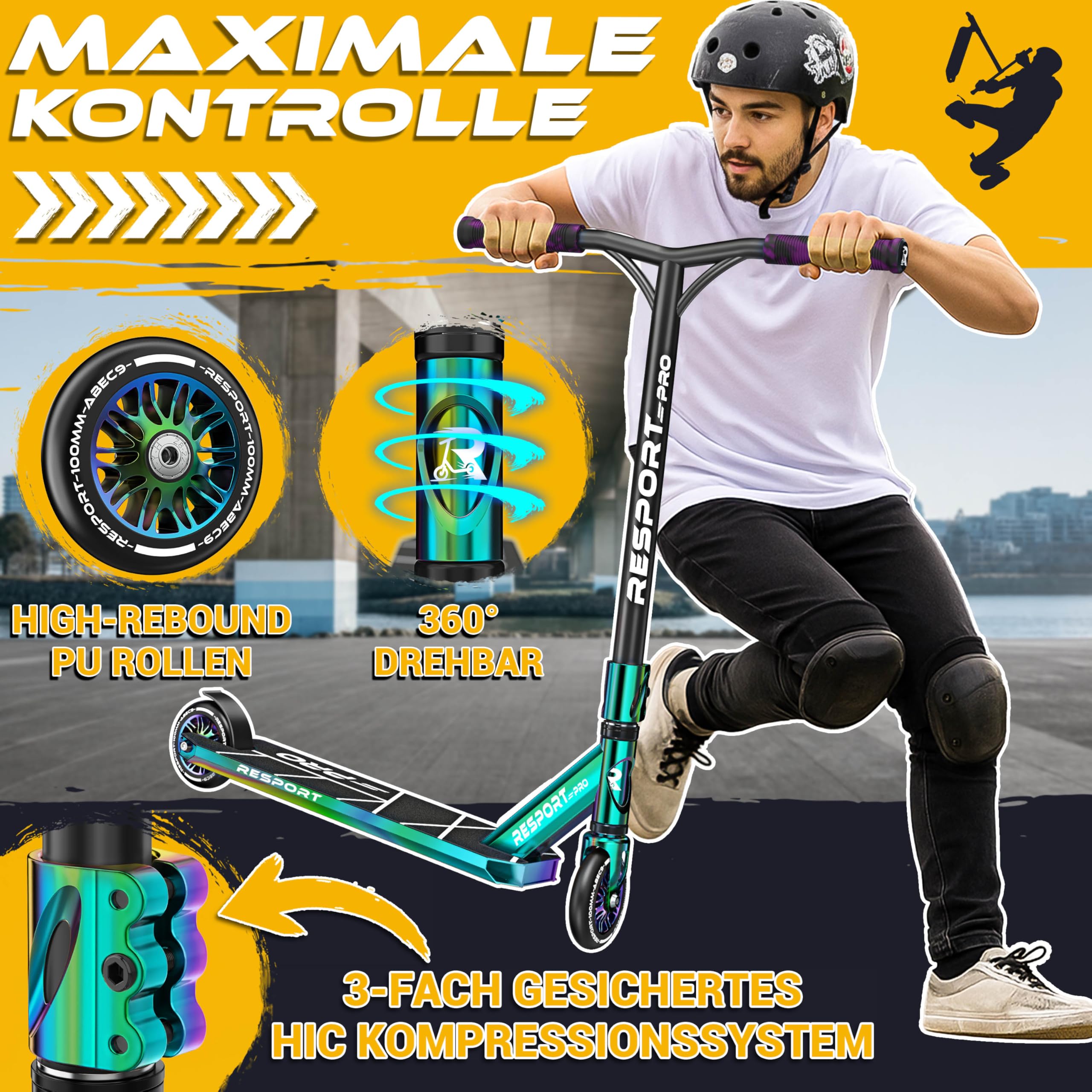 RE:SPORT® Stunt Scooter REVO PRO für Kinder & Erwachsene mit Ständer | Profi Stuntroller 110mm PU Wheels & Y-Bar | Stuntscooter Kickscooter ABEC 9 Kugellager | Tretroller Trickroller
