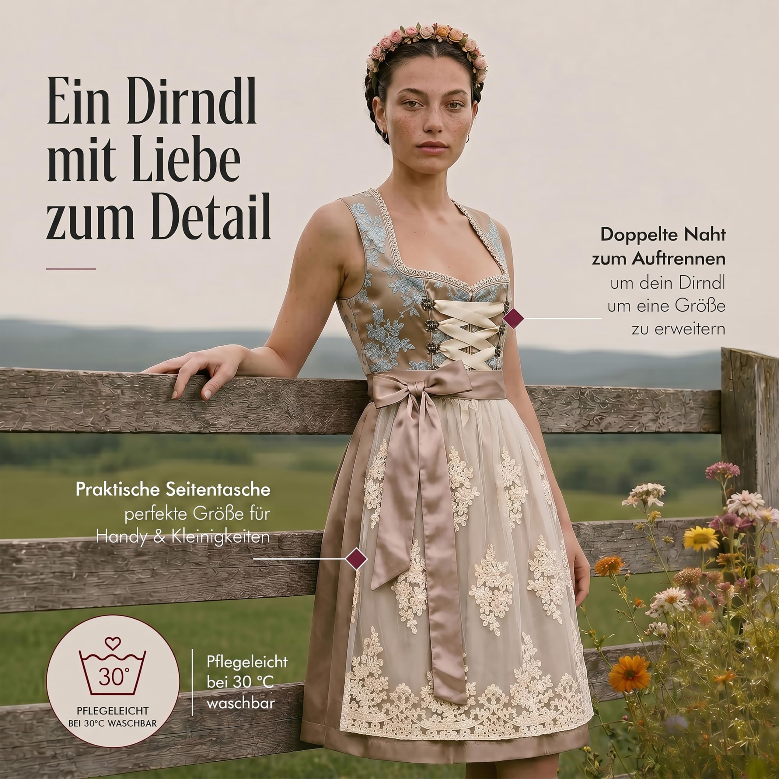 Alte Liebe Dirndl Damen Midi Lang Dirndl Trachtenkleid Trachtenrock Dirndl-Set Trachtenmode Trachten Damen mit 2tlg Dirndl Spitzen Schürze Oktoberfest Dirndlkleid Gold