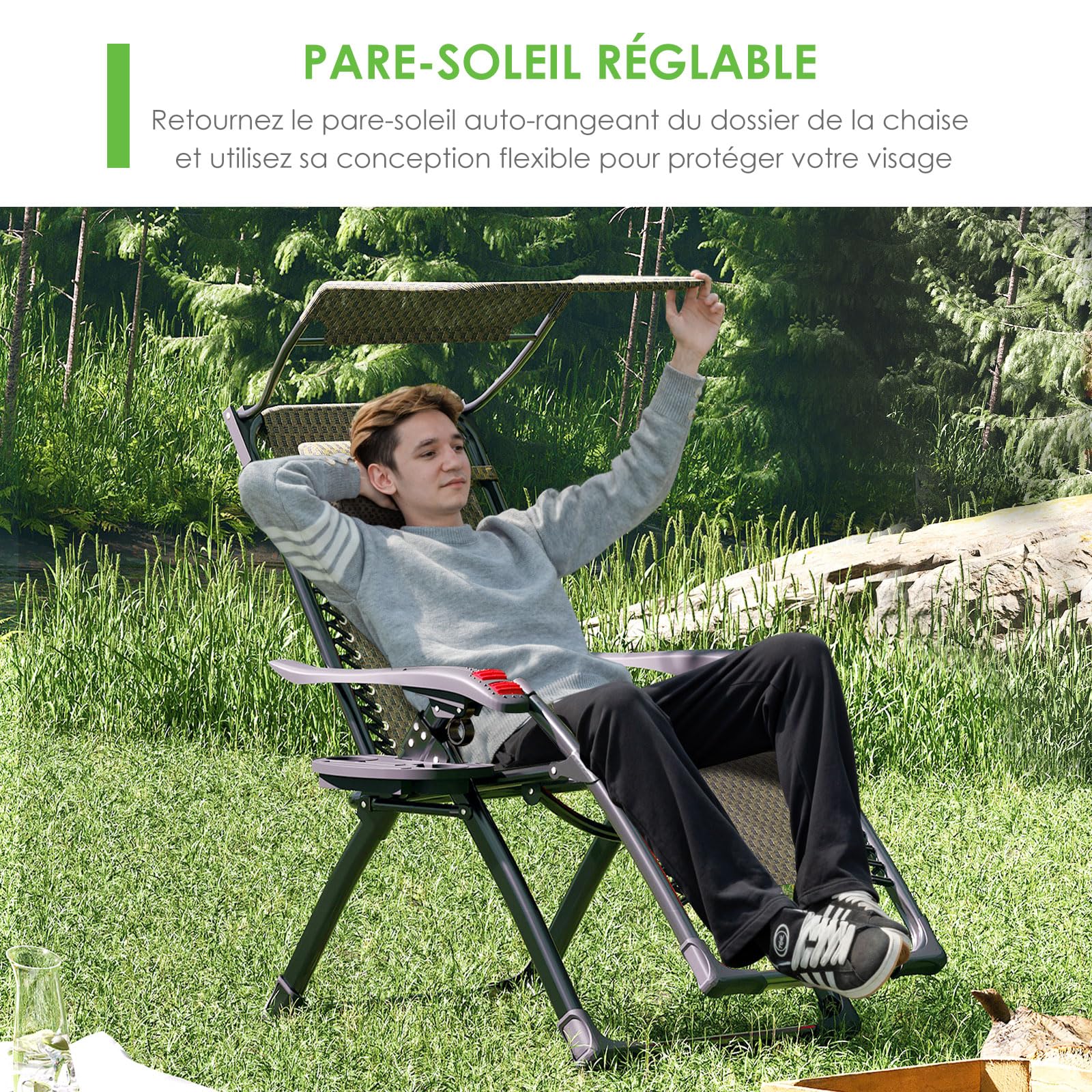 ATORPOK SHOP Bain de Soleil Chaise Longue de Jardin avec Pare-Soleil & Coussin，Fauteuil de Jardin Chaise Longue Pliable & Inclinable，capacité 200kg Pliable & résistant aux intempéries