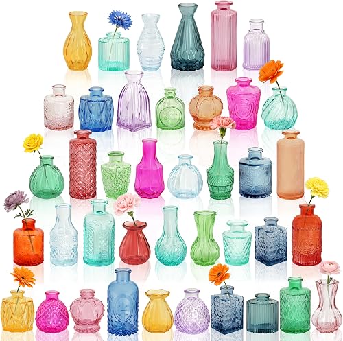 Glass Bud Vases in Bulk Small Mini Colorful Colored Vase for Flowers 17pc | Vintage Vases for Centepiece,Wedding, Table Decor, Baby Shower, Christmas, Home and Events