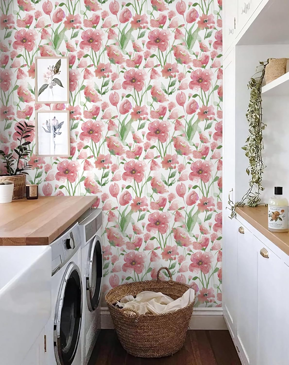 MelunMer Pink Floral Wallpaper Peel and Stick Wallpaper Boho 17.3"x78.7" Self Adhesive Removable Wall Paper for Bedroom/Bathroom Large Floral Contact Paper for Cabinets Nursery Covering Wall Deco