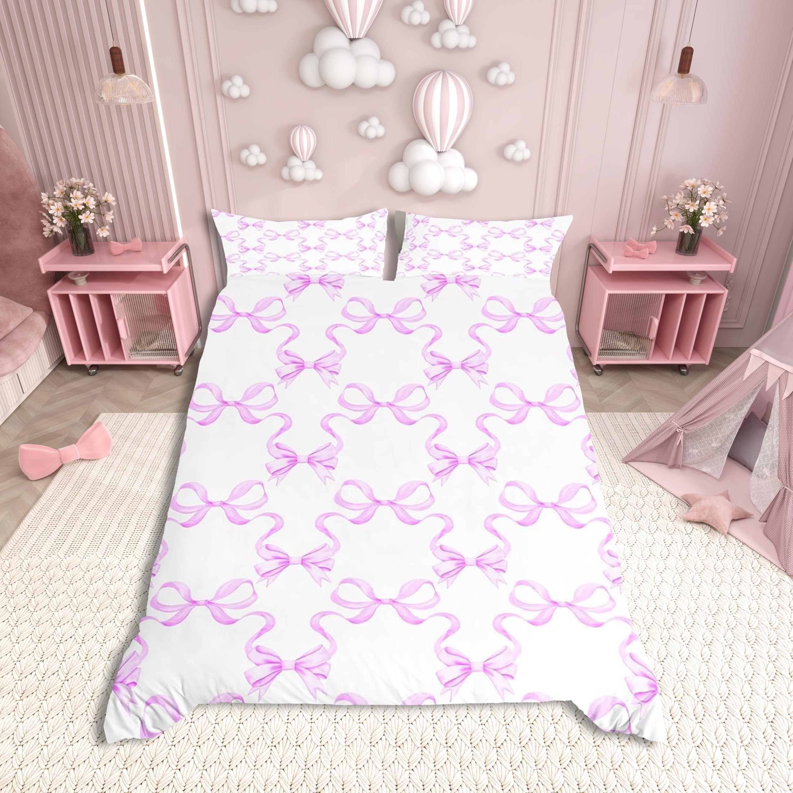 Dark Pink Bowknot Duvet Cover King Size,Princess Style Watercolor Bow-tie Comforter Cover for Adults Kids Bedroom Decor,Fairy Tale Bow Ribbon Stripes Bedding Set 2 Pillowcases,No Comforter
