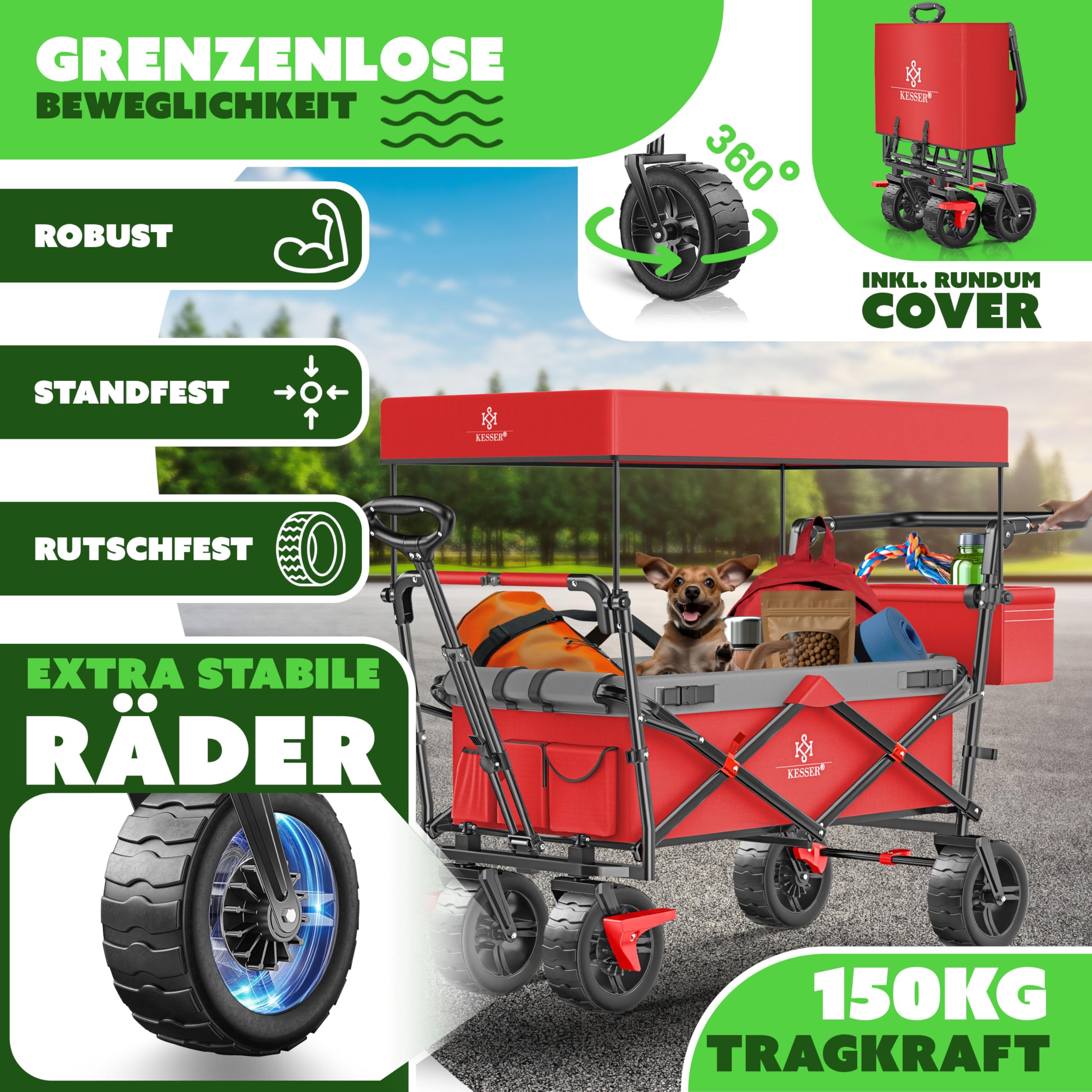 KESSER® Bollerwagen faltbar GT9000 Handwagen mit Dach | Transportwagen max. belastbar bis 150kg mit Hartgummi-Räder & Feststellbremsen (Vorne & Hinten) | Inkl. Schloss, Abdeckung, Wetter & Sichtschutz