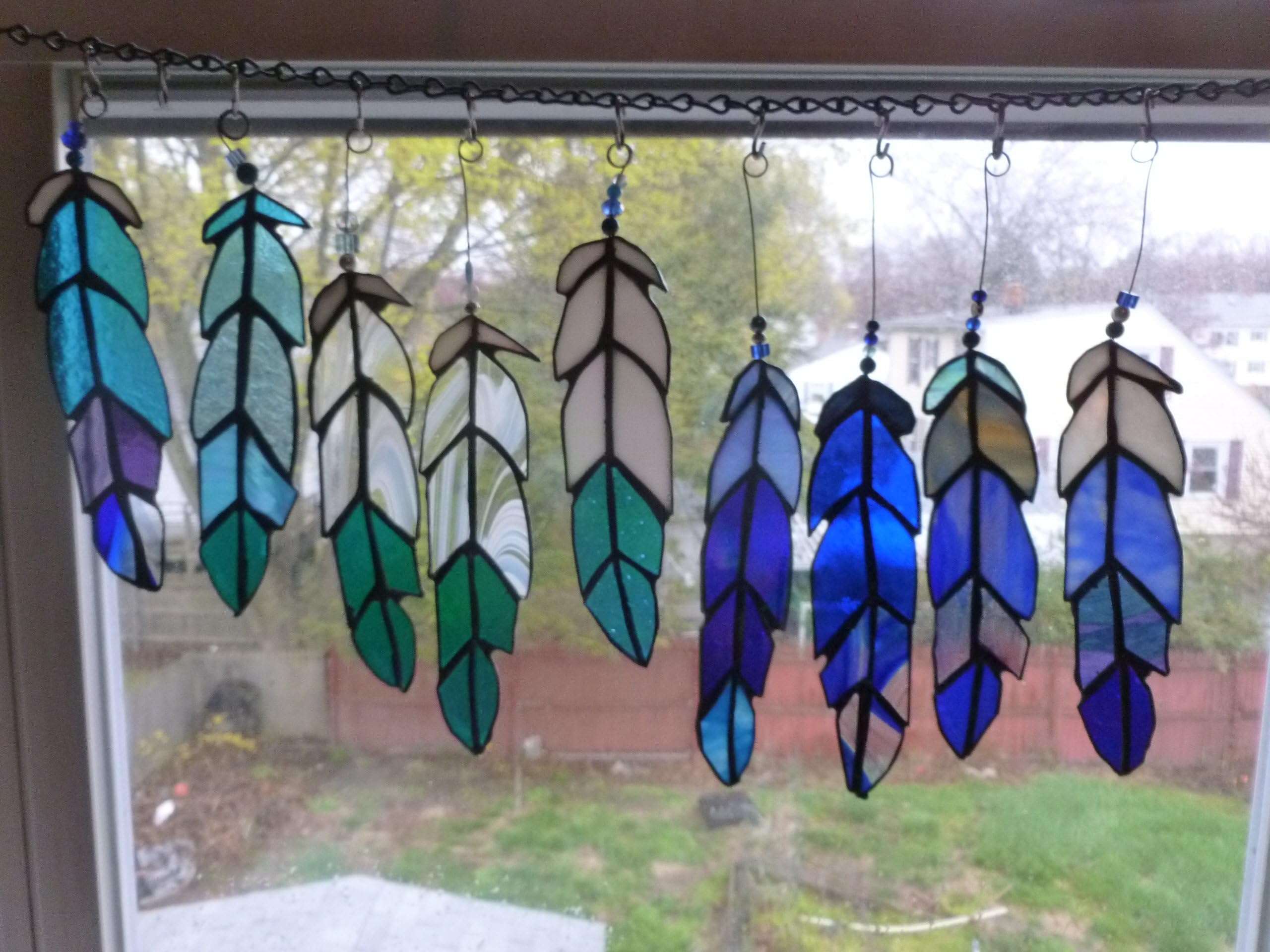 10 Stained Glass Indian Cheif, Eagle, Ospry or any bird Feather in Shades of blues