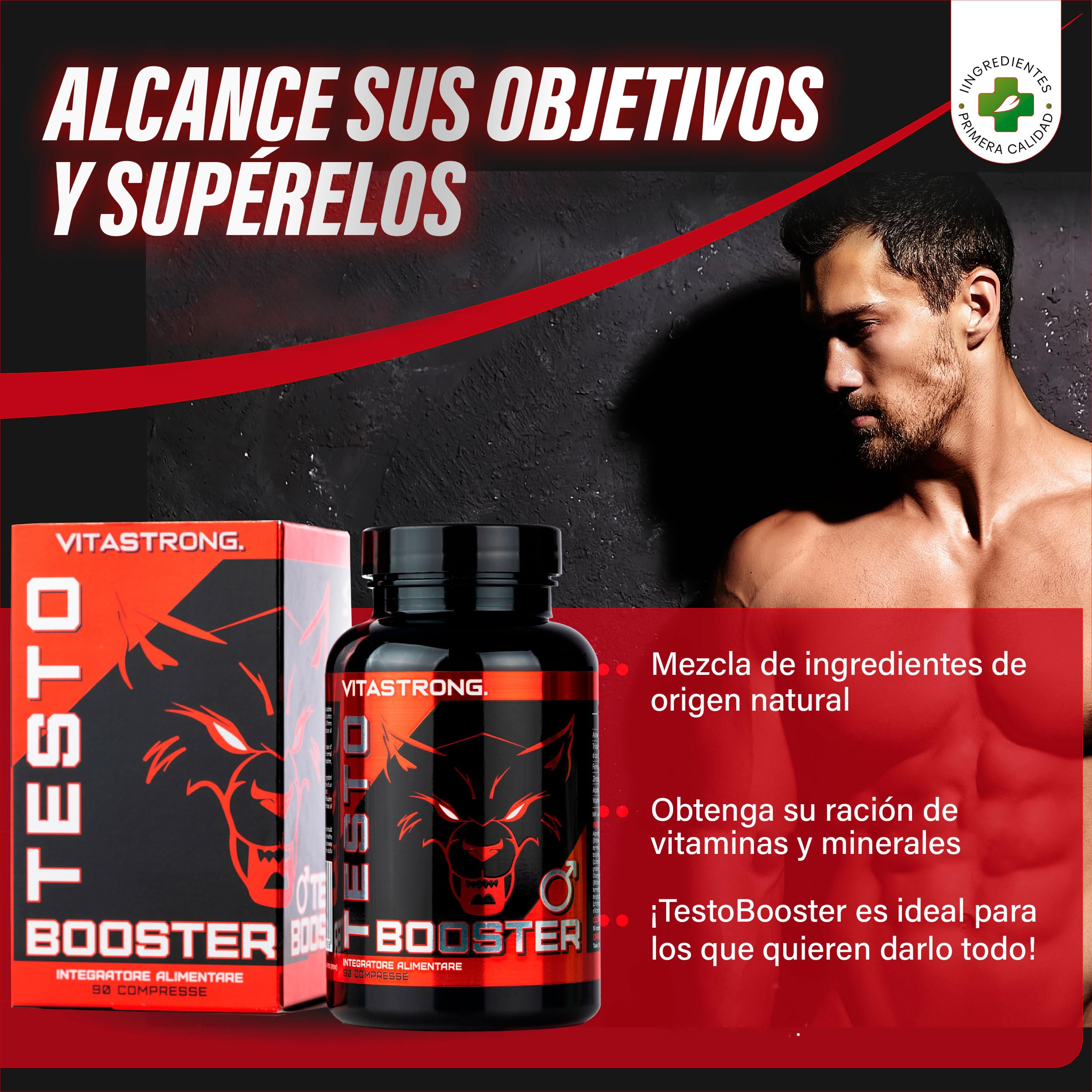 Testo Booster Fórmula con Ashwagandha KSM-66 Pura, Tribulus Terrestris, Bisglicinato de Zinc, Vitamina D, Acido Folico y Hierro Suplemento, 90 Comprimidos con Vitamina D para Función Muscular Normal