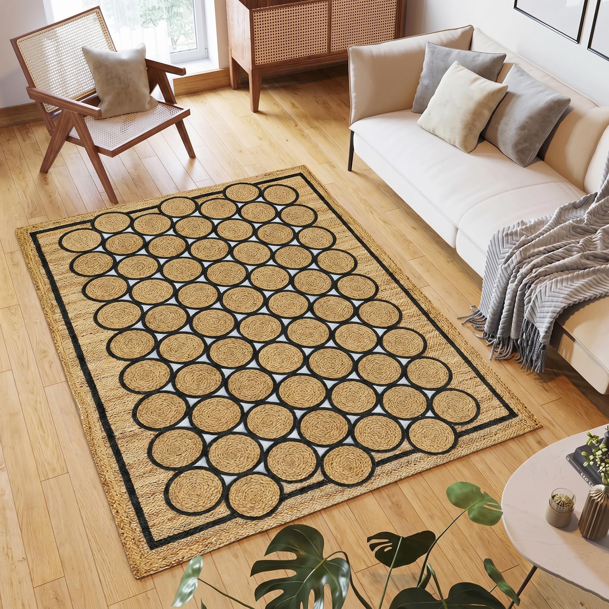 Tapis en jute tressé main de 0.7cm avec motifs géométriques chics