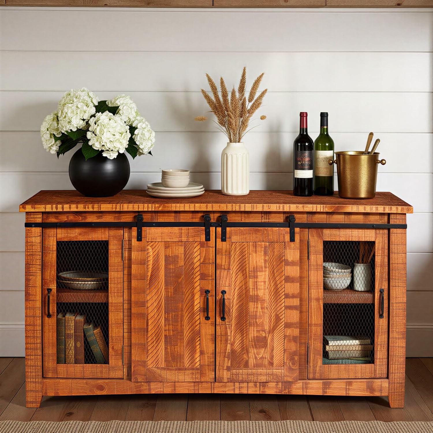 Martin Svensson Home 65" Solid Pine Wood Entertainment Center with Storage. Rustic TV Stand for TVs up to 70." Sliding Doors, Adjustable Shelves & Cable Management – Honey Tobacco Finish