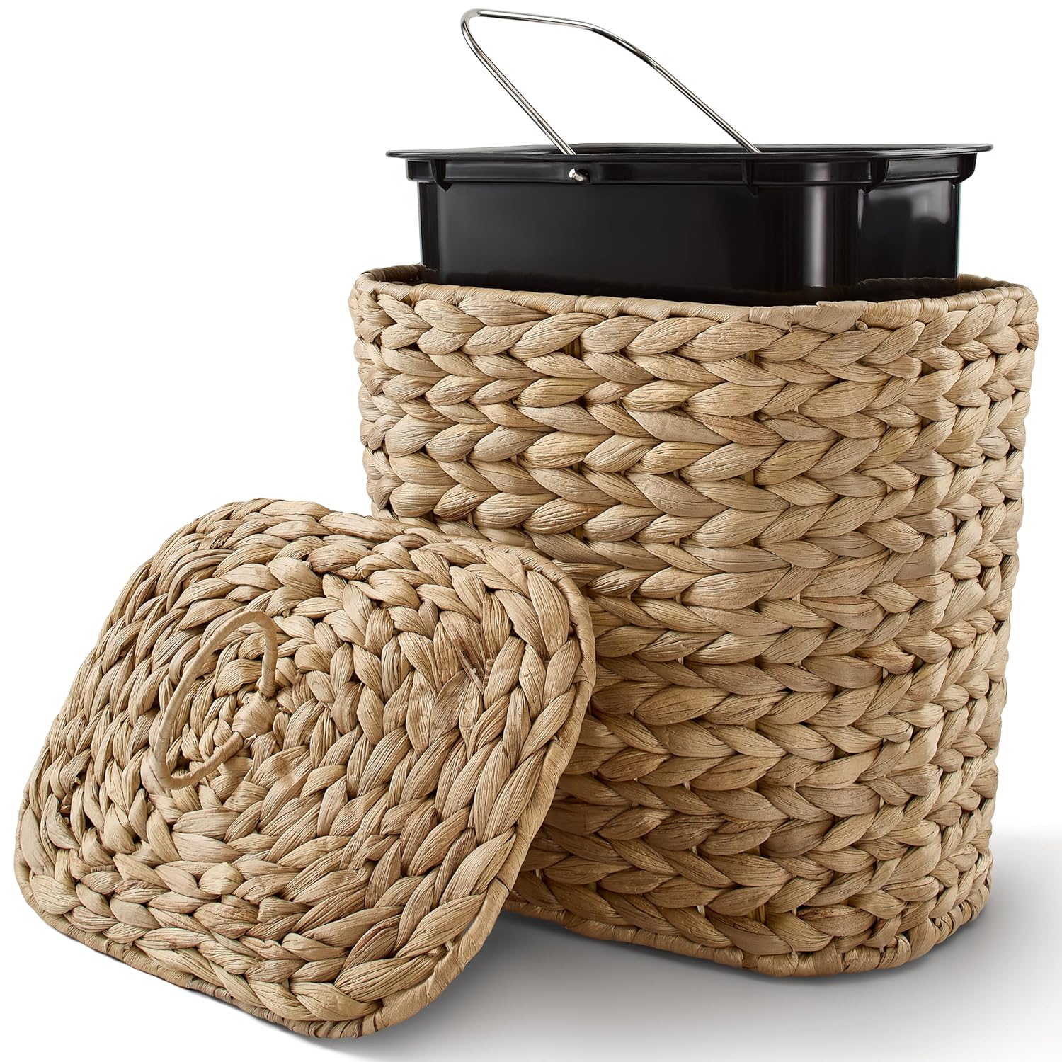 2 Gallons Wicker Waste Basket with Lid - Large Wicker Trash Can for Office - Waste Basket for