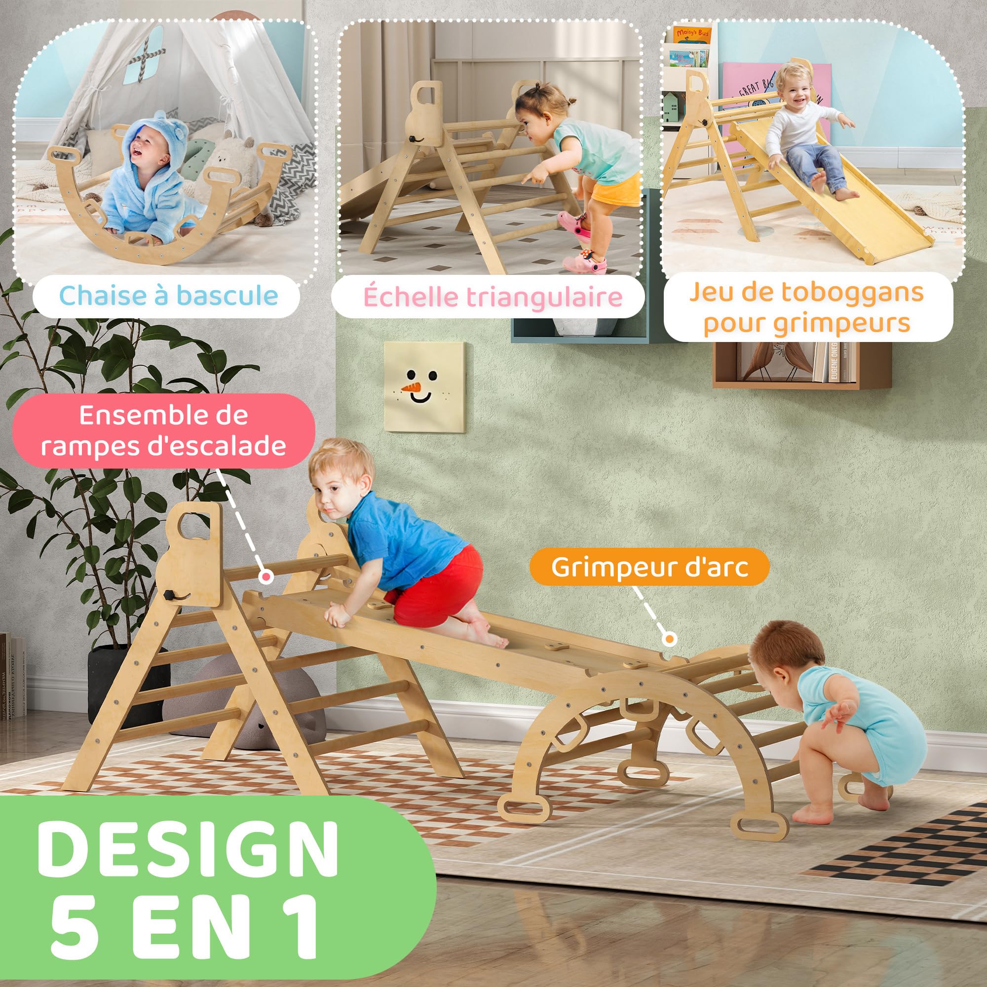 AIYAPLAY Triangle Arche d'escalade Enfants 5 en 1 50 kg Effet Bois Naturel | Avec Triangle d'Escalade, Rampe Réversible, Toboggan, Bascule, pour Bébé 18-48 Mois, Parcours Motricité Bébé