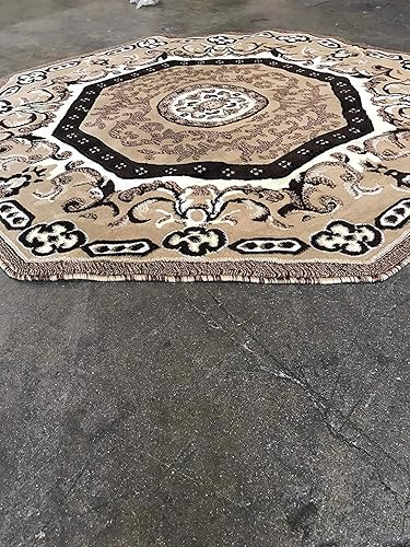 Miniatura 6 de Alfombra tradicional octágona, azul, beige, azul marino, diseño 101 (5 pies 3 pulgadas x 5 pies 3 pulgadas)