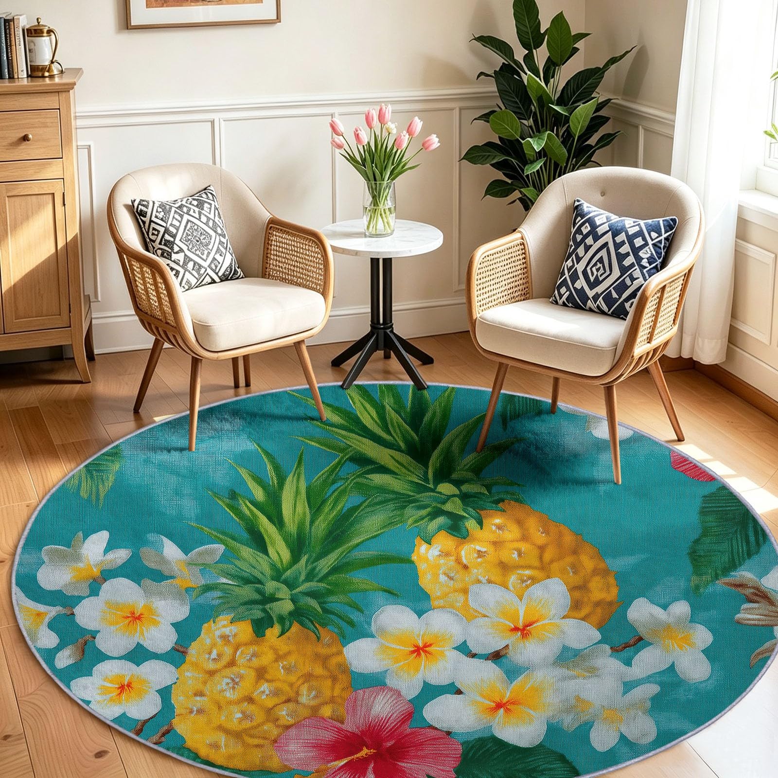Générique Tappeto rotondo per soggiorno, 120 cm, blu, tropicale, anas, frangipanier piante verdi, morbido e antiscivolo, a pelo corto, facile da mantenere, ideale per camera da letto, sala da pranzo e