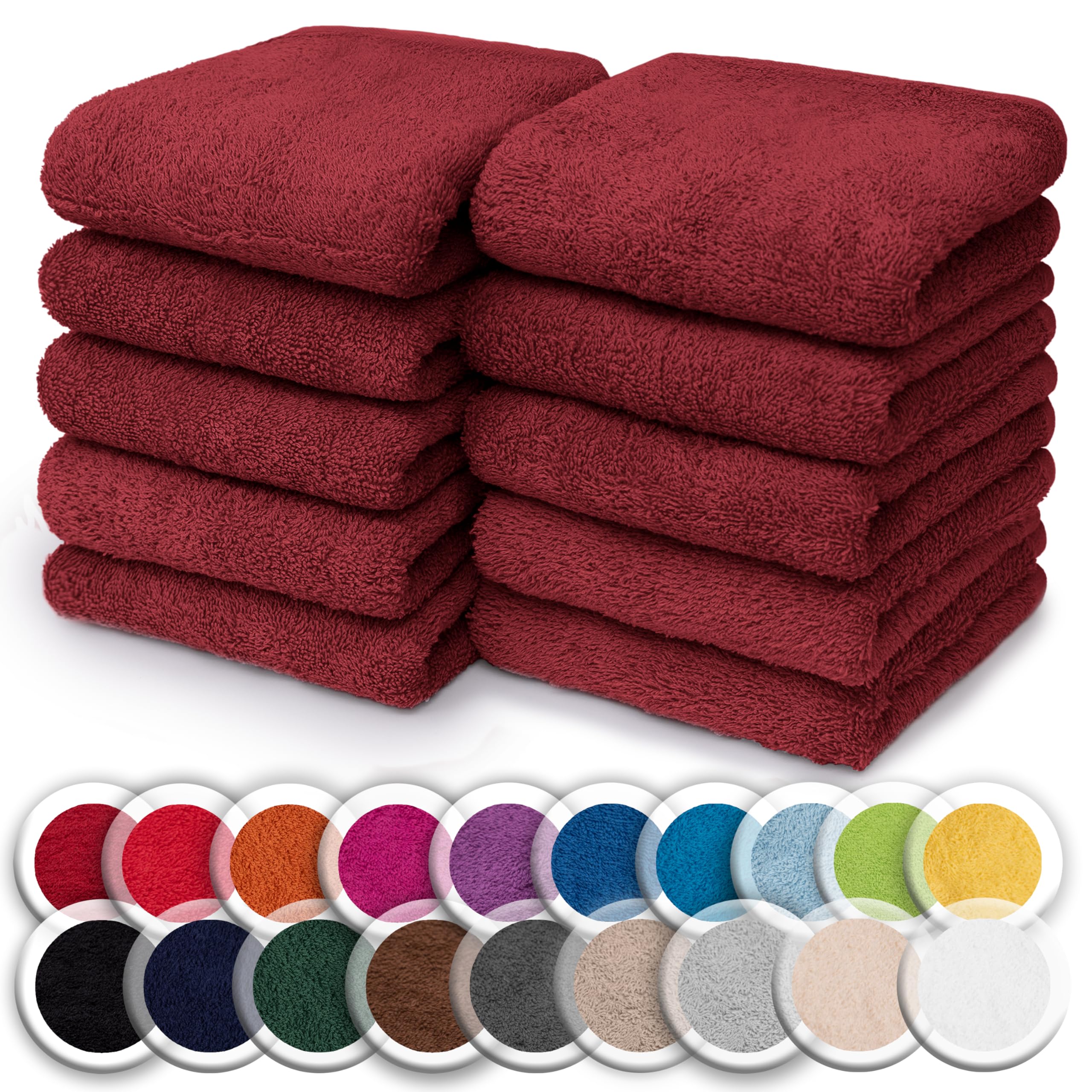 NatureMark Set of 10 Washcloths Made of 100% Cotton - Soft and Absorbent Face and Hand Towels - Practical for Bathroom and Kitchen - 30 x 30 cm, Burgundy Red
