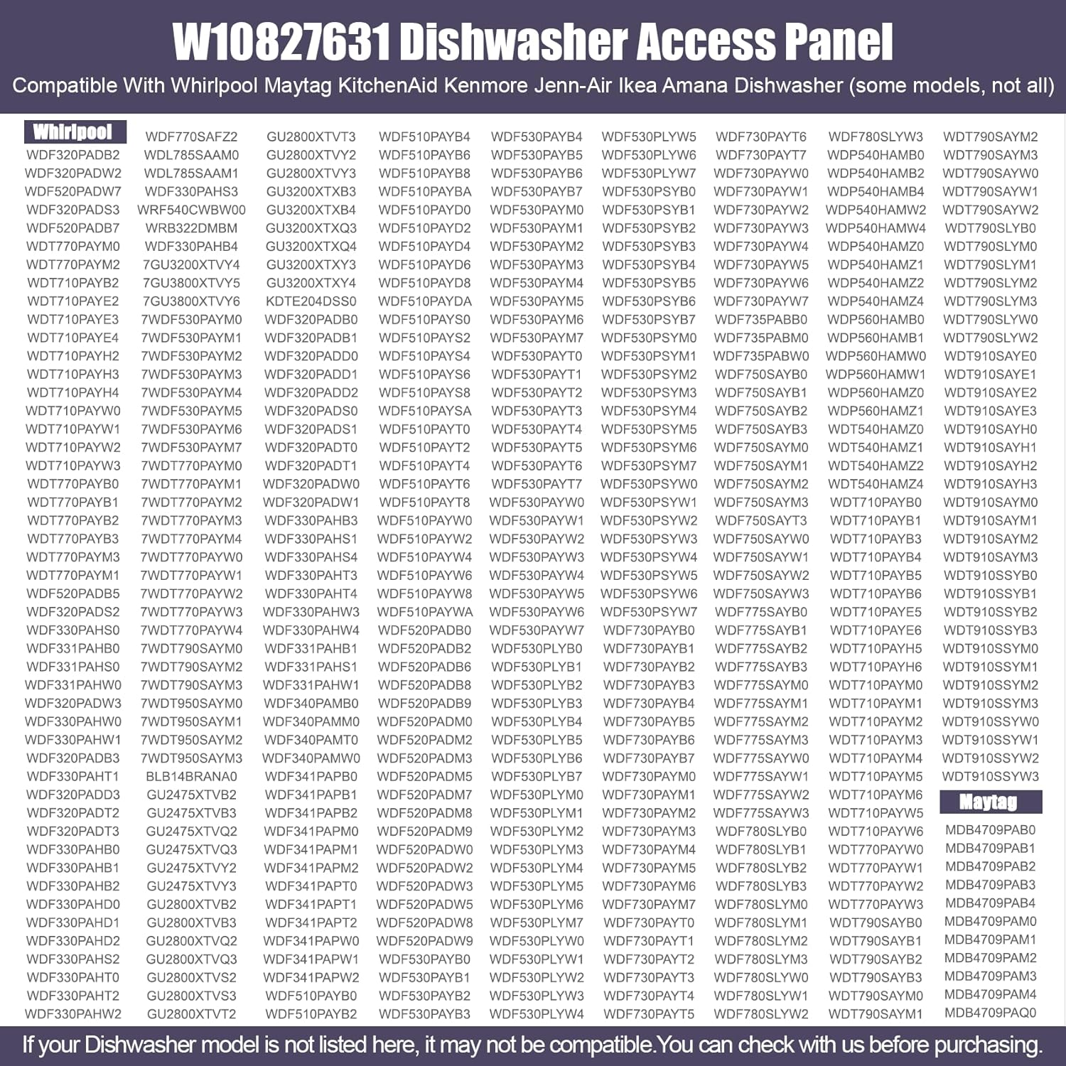 W10827631 Dishwasher Access Panel Compatible with Whirlpool OEM Upgraded (Black) W10827631 Panel with Sound Insulation Cotton Replace W10369023 W10369024 W10369027 W10799402 WPW10369023 and More