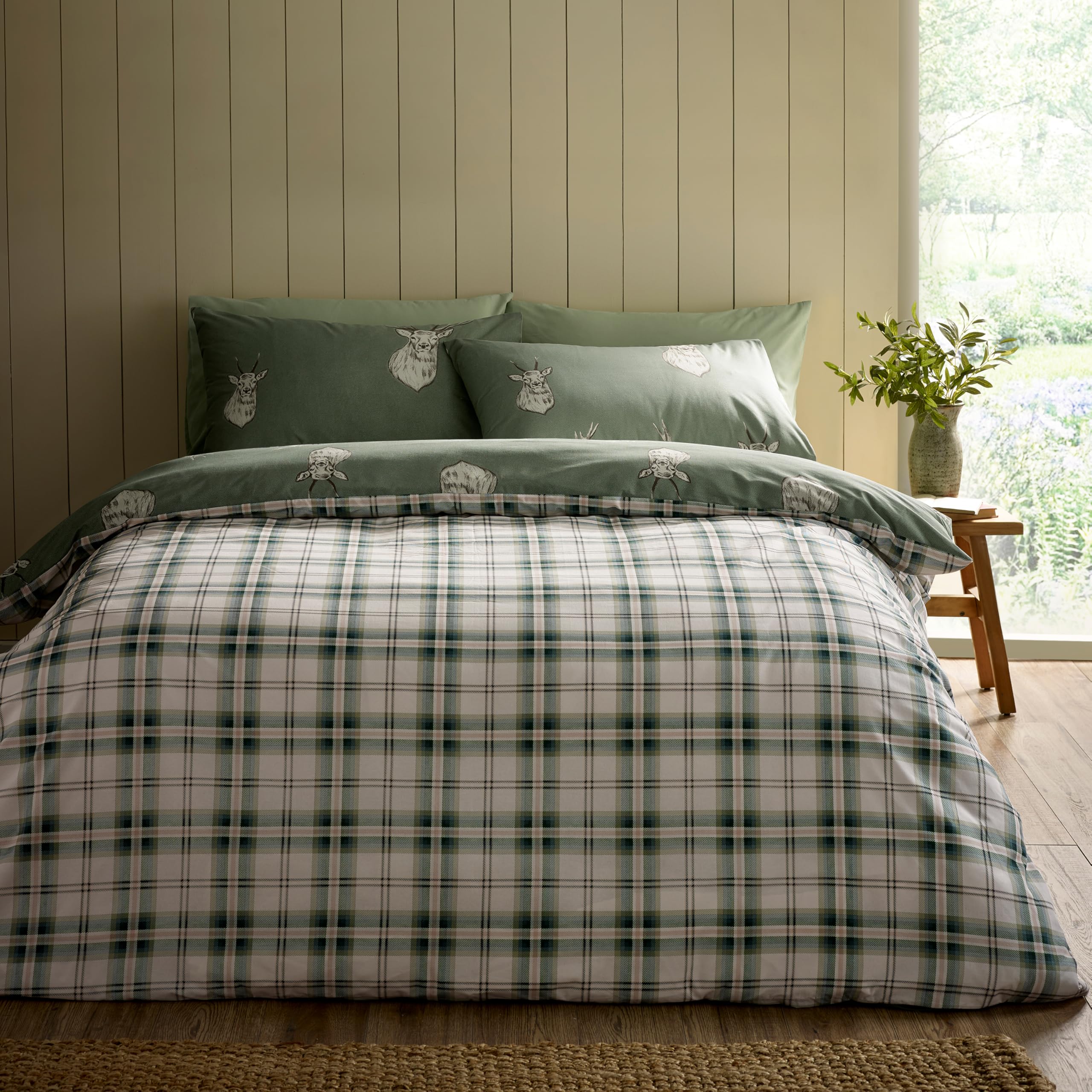 Catherine Lansfield Set copripiumino singolo reversibile con federa, motivo cervi, verde chiaro