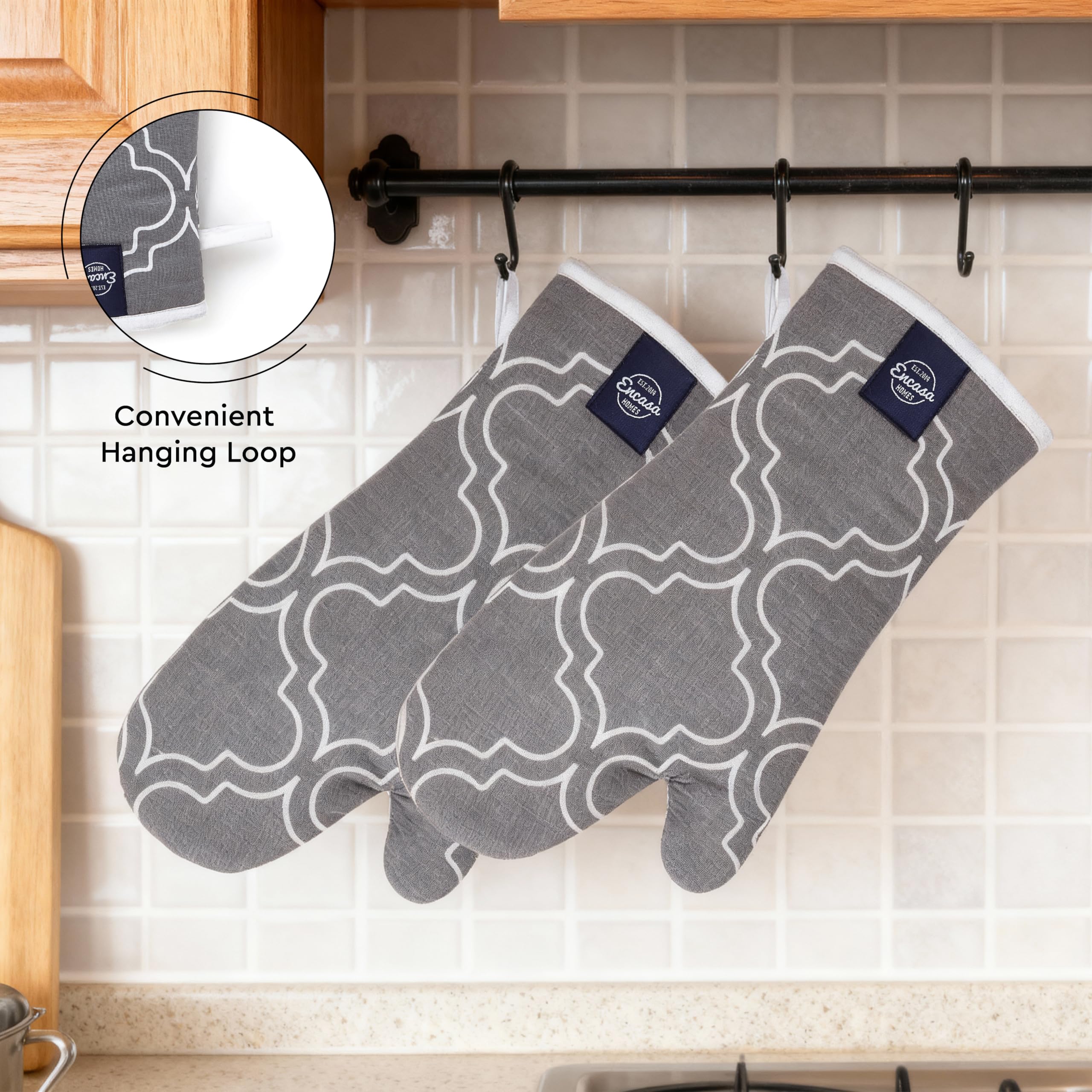 Encasa XO Guantes extralargos de 18 x 30 cm para microondas (2 unidades) para cocina - Gris enrejado - Resistente al calor, gruesos y seguros, protección de manos contra utensilios calientes, llama de