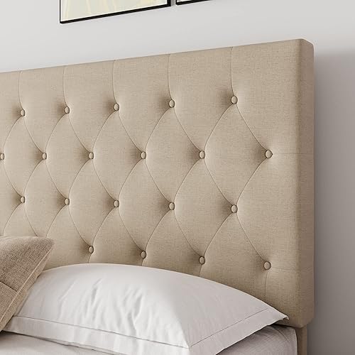 Miniatura 4 de HOOMIC Marco de cama King con cabecera ajustable de diamante  marco de cama tapizado de tela  base de colchón  listones de madera  no necesita