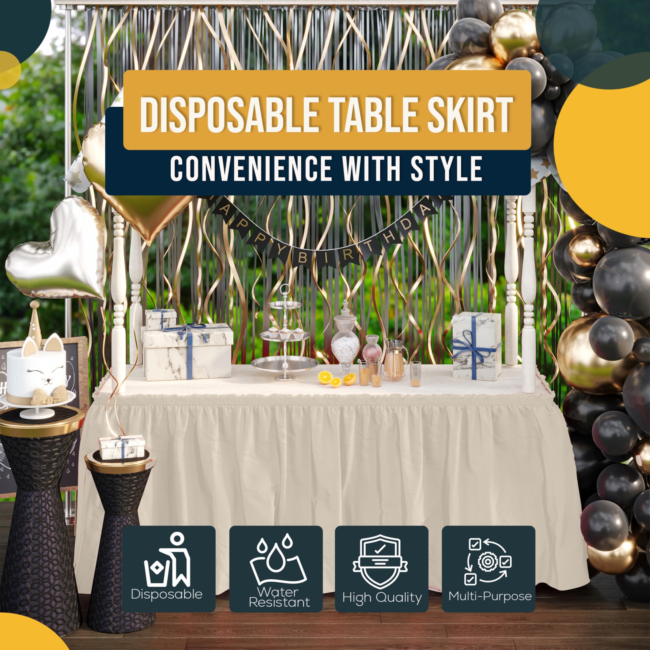 Exquise solide Couleur 4,3 m. Plastique Nappe Jupe, plastique jetables Tableskirts – 6 fils ivoire