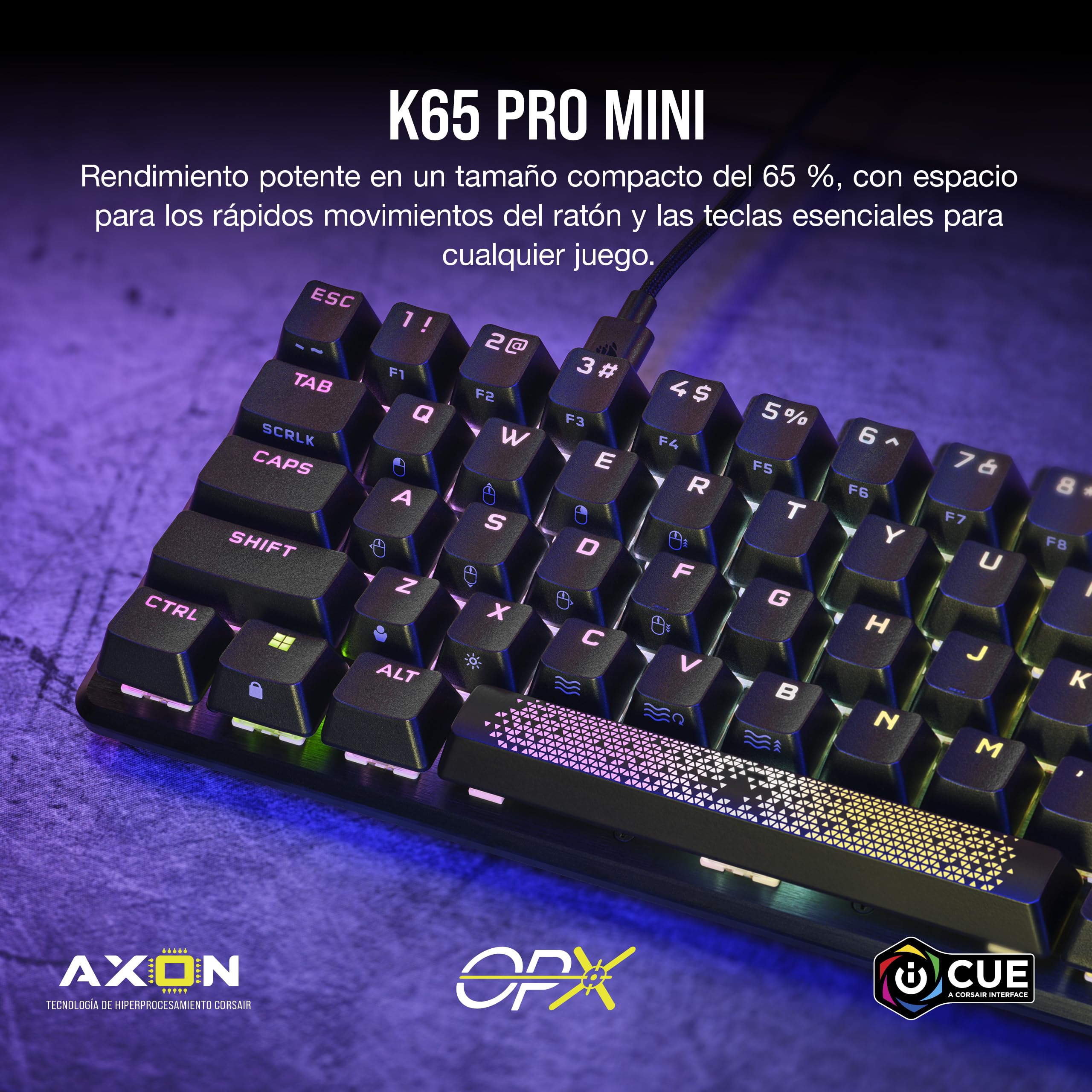 Corsair K65 Pro Mini RGB 65% Teclado con Cable para Juegos - Negro | QWERTY ES, Óptico-Mecánico, Interruptores OPX, Teclados PBT Double-Shot, Compatible con iCUE