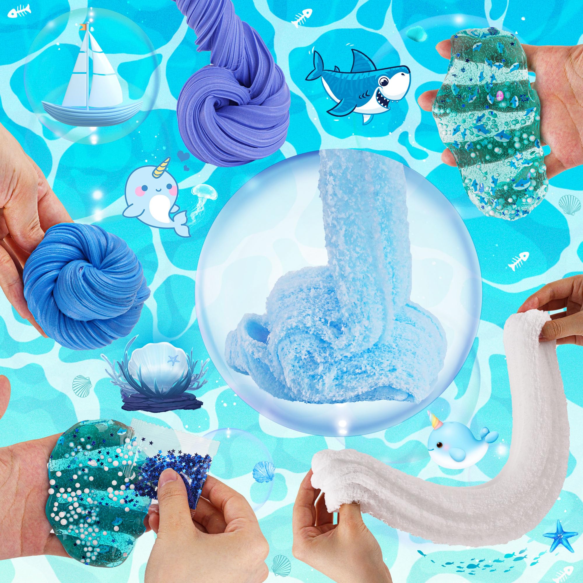 LAWOHO Zestaw Gradient Blue Slime – chmura, masło i przezroczysty szlam, szlam dla dzieci z różnymi zawieszkami i dodatkami, nieprzylepne upominki na imprezę dla dziewcząt i chłopców, 360 ml zestaw
