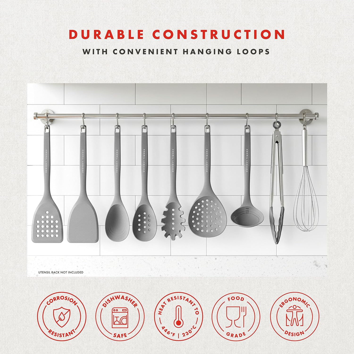 Emeril Lagasse 10-Piece Silicone Kitchen Utensil Set with Holder, BPA Free Heat Resistant Cooking Utensils for Nonstick Cookware, Stainless Steel Handles, Grey