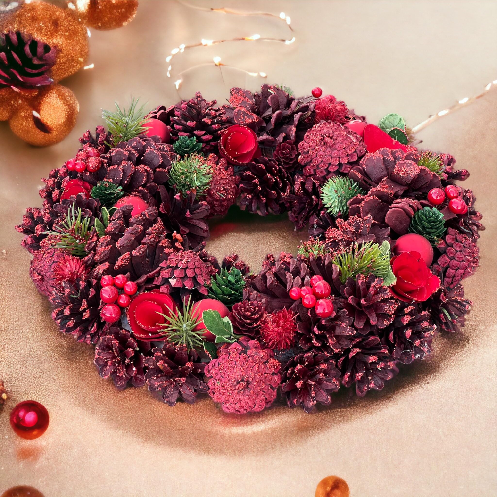 MIJOMA Corona de Navidad con piñas, bonita decoración invernal para pared y puerta, corona de Adviento hecha a mano con piñas, abeto artificial y bayas (rojo/verde)