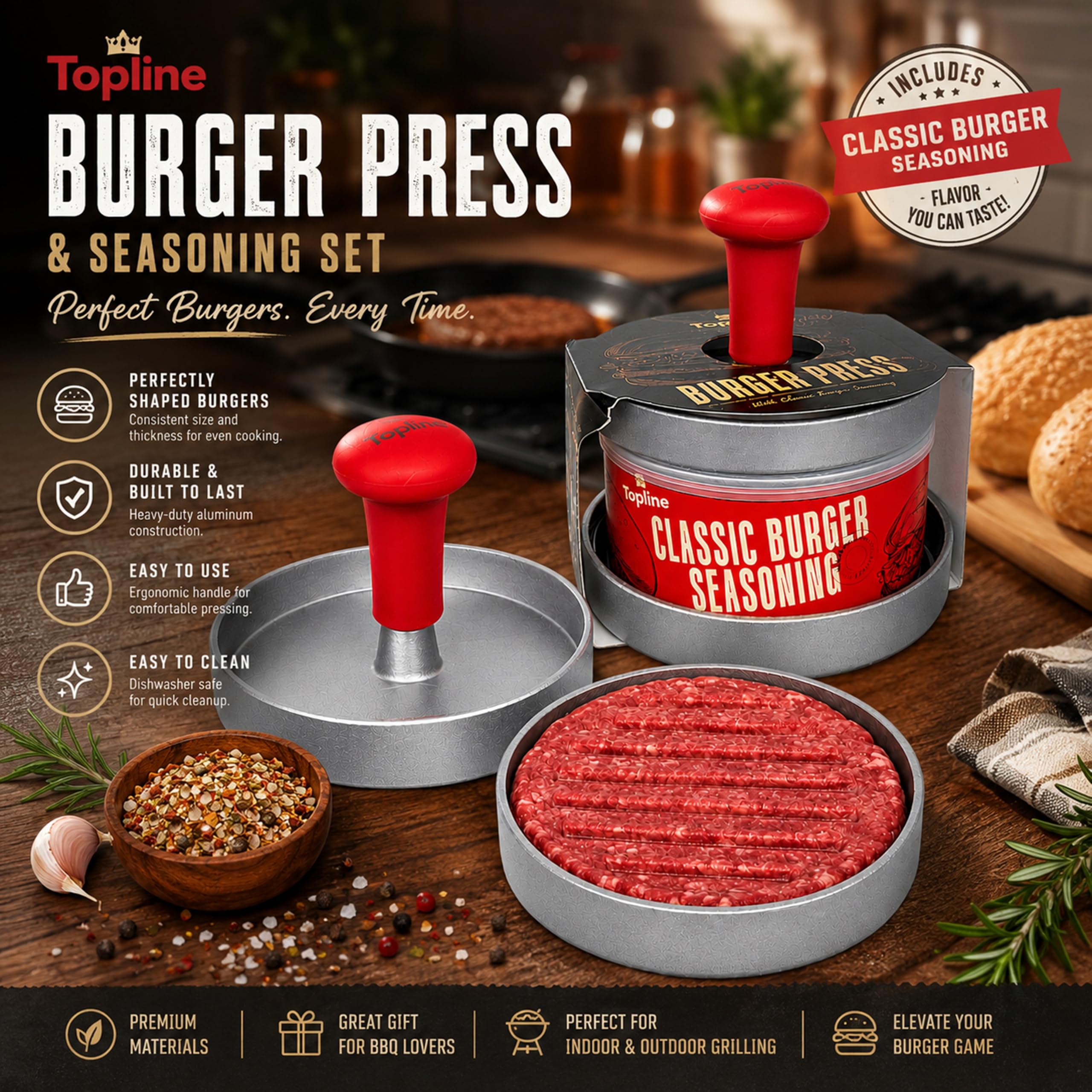 Pressa per hamburger e condimento classico, set per hamburger con condimento per hamburger gourmet, perfetto strumento per barbecue e set di spezie per hamburger fatti in casa, regalo per gli amanti