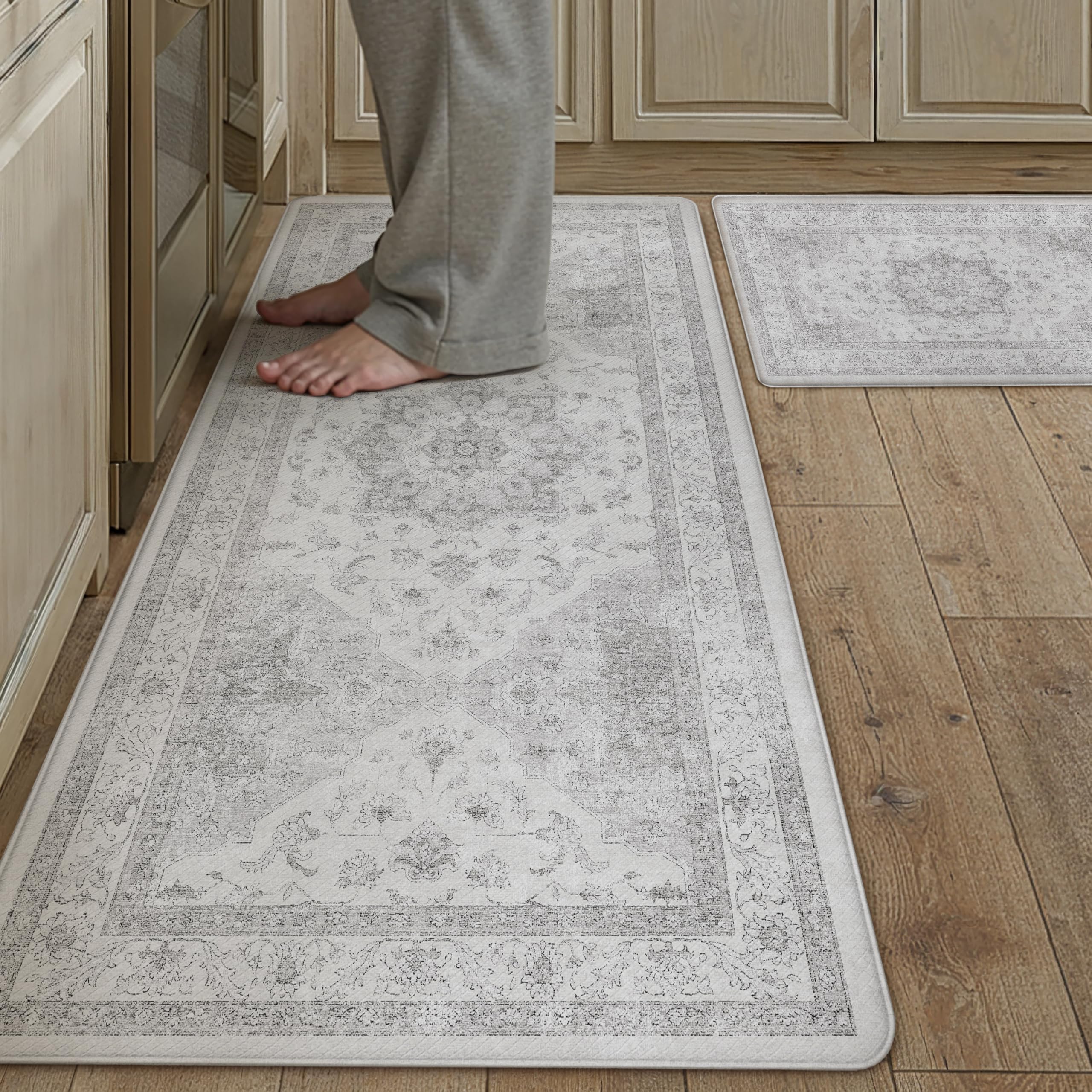 Kitchen Mats 2PCS Anti Fatigue Cushioned Mat Beige Vintage Kitchen Mats for Floor Waterproof Non Slip Comfort Standing Oriental Medallion Rug for Sink Laundry Office 17.3"x47"+17.3"x30" — view 15