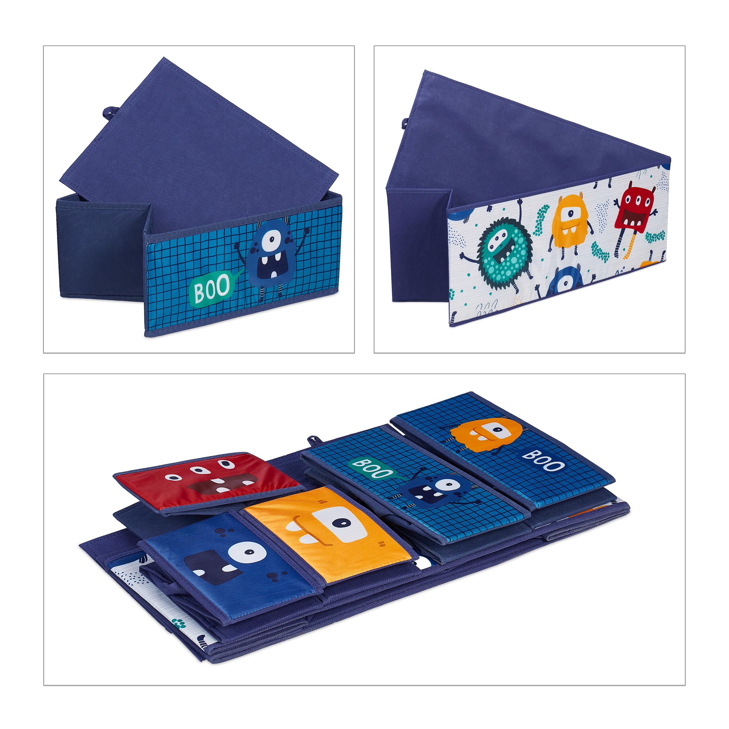 Relaxdays Estantería Infantil, 6 Cajas Tela, Monstruos, Librería Niños, Ruedas, 66x63,5x30cm, Caja Juguetes, Multicolor
