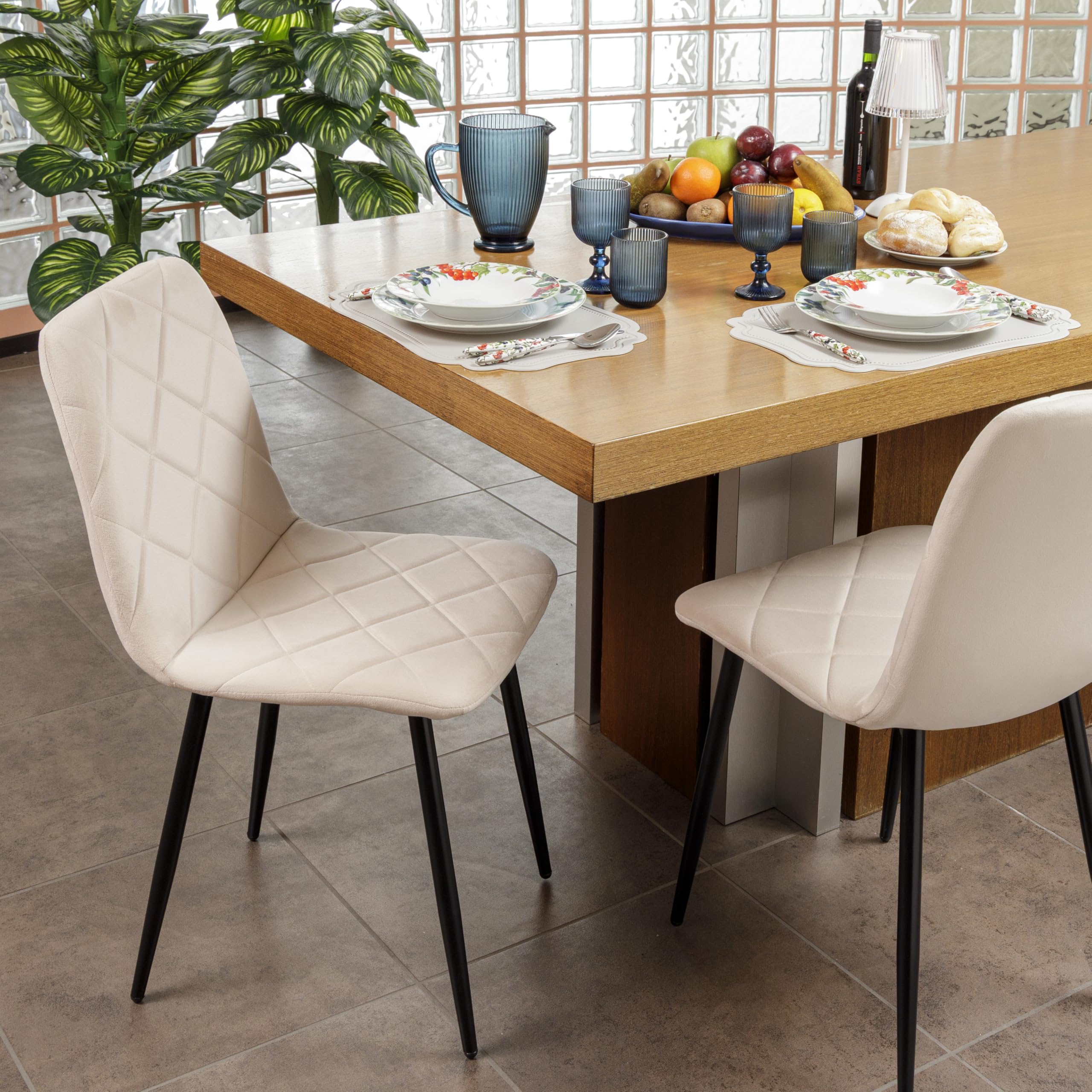Baroni Home Set di 4 Sedie Moderne con Rivestimento in Velluto e Gambe in Ferro Nero, Poltrona da Soggiorno, Camera da Letto, Sala da Pranzo, Beige, 52x44x85 cm