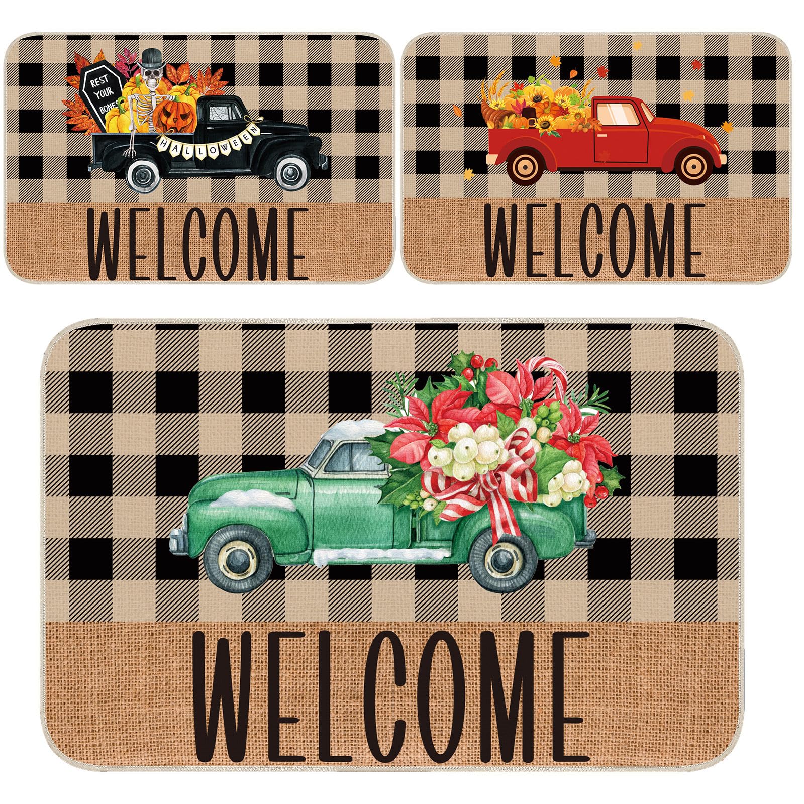 Newwiee 3 Pcs Thanksgiving Fall Welcome Door Mats Halloween Buffalo Plaid Doormat Christmas Truck Pumpkin Floor Mats Non Slip Washable Indoor Outdoor Rugs Autumn Holiday Party 15.7 x 23.6 Inch