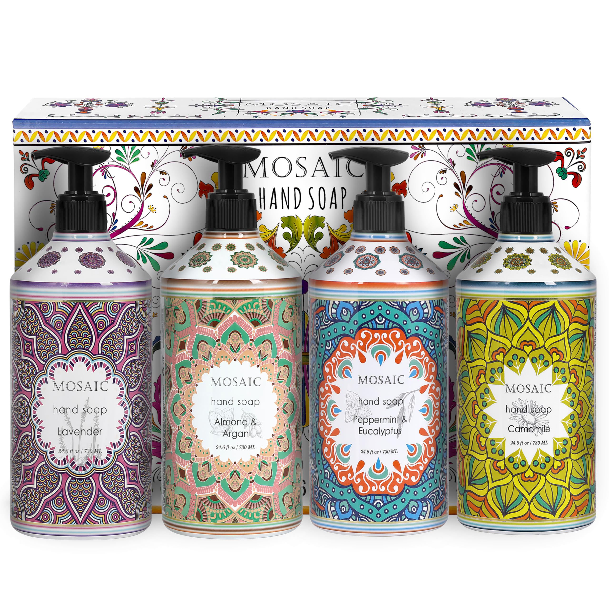 AnatoliaDaphne Mosaic Liquid Hand Soap/Wash Gift Set, Ideal Bathroom Kitchen Hand Soap Set,Lavender + Almond & Argan + Peppermint & Eucalyptus + Camomile, 4 x 24.6 fl oz Each Liquid Soap Bottle